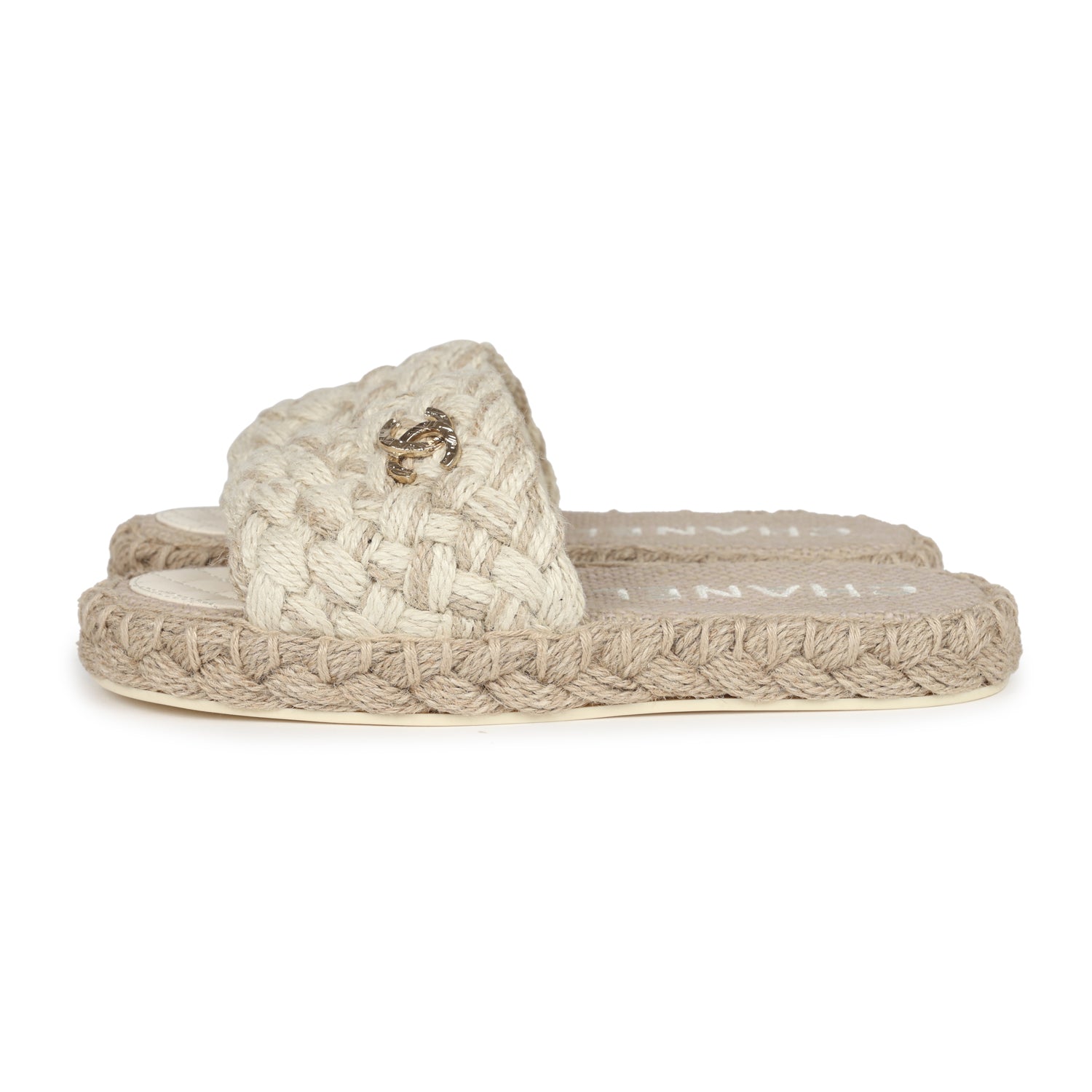 Chanel CC Braided Knit Interlocking Slide Sandals in Cream with Gold Hardware - Size 37 EU | Luxury Summer Sandals for Women, Beach Vacation & Casual Outings