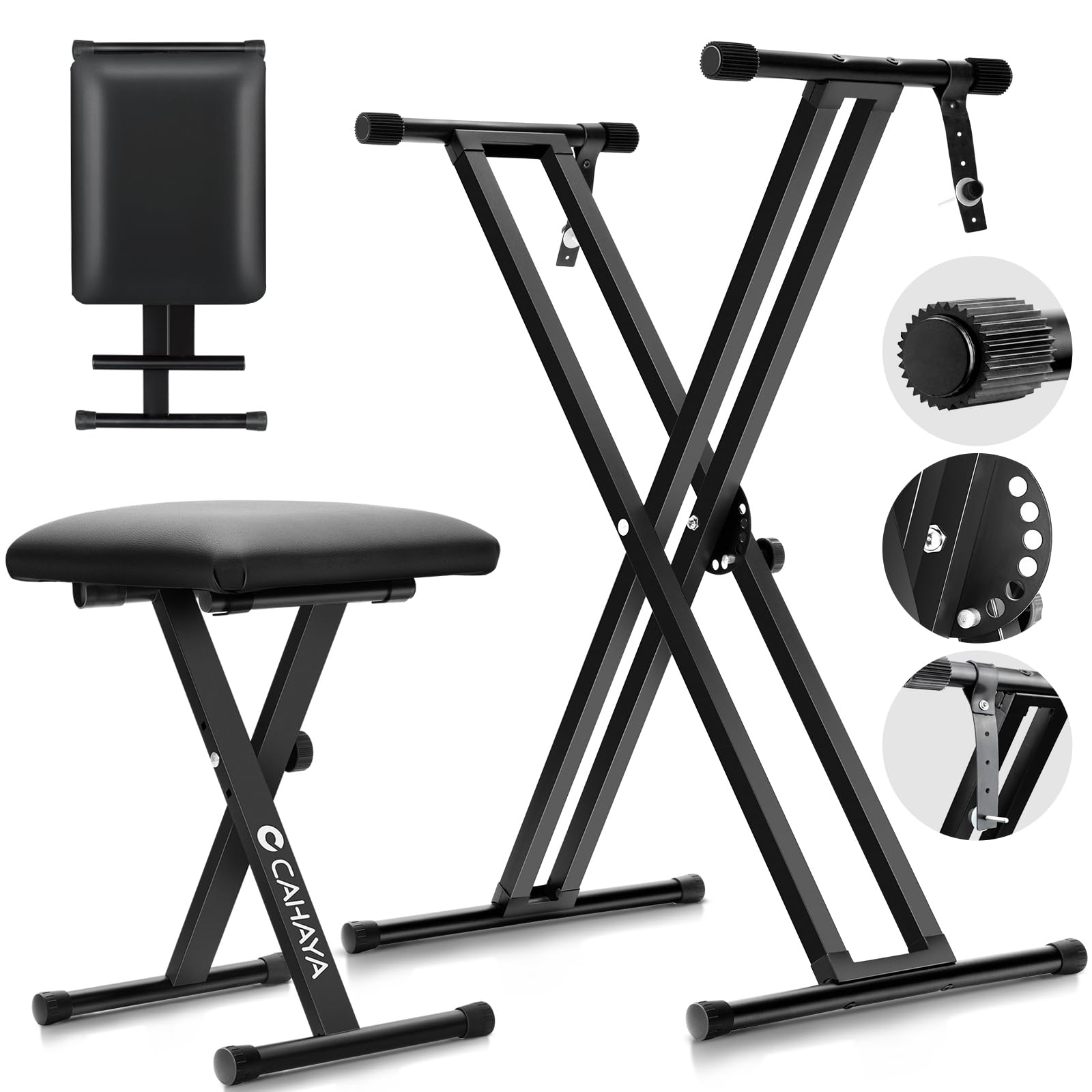 CAHAYA Heavy Duty Double-X Keyboard Stand & Bench Set - 7-Level Adjustable Portable Piano Stand with Stool for Home, Studio & Stage Performances - Black