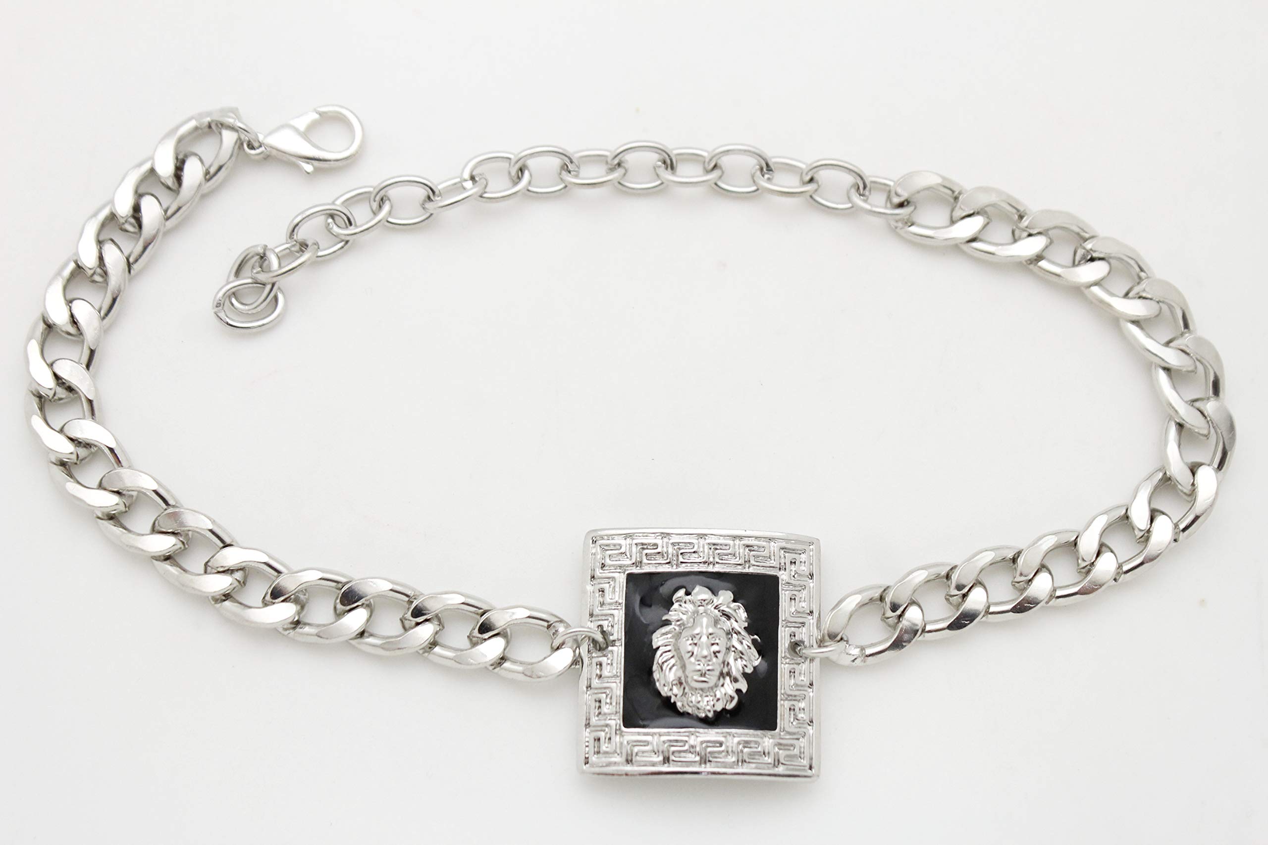 TFJ Women's Silver Boot Bracelet Chain - Bling Metal Western Fashion Anklet with Black Square Lion Charm for Cowgirl Boots & Festival Outfits
