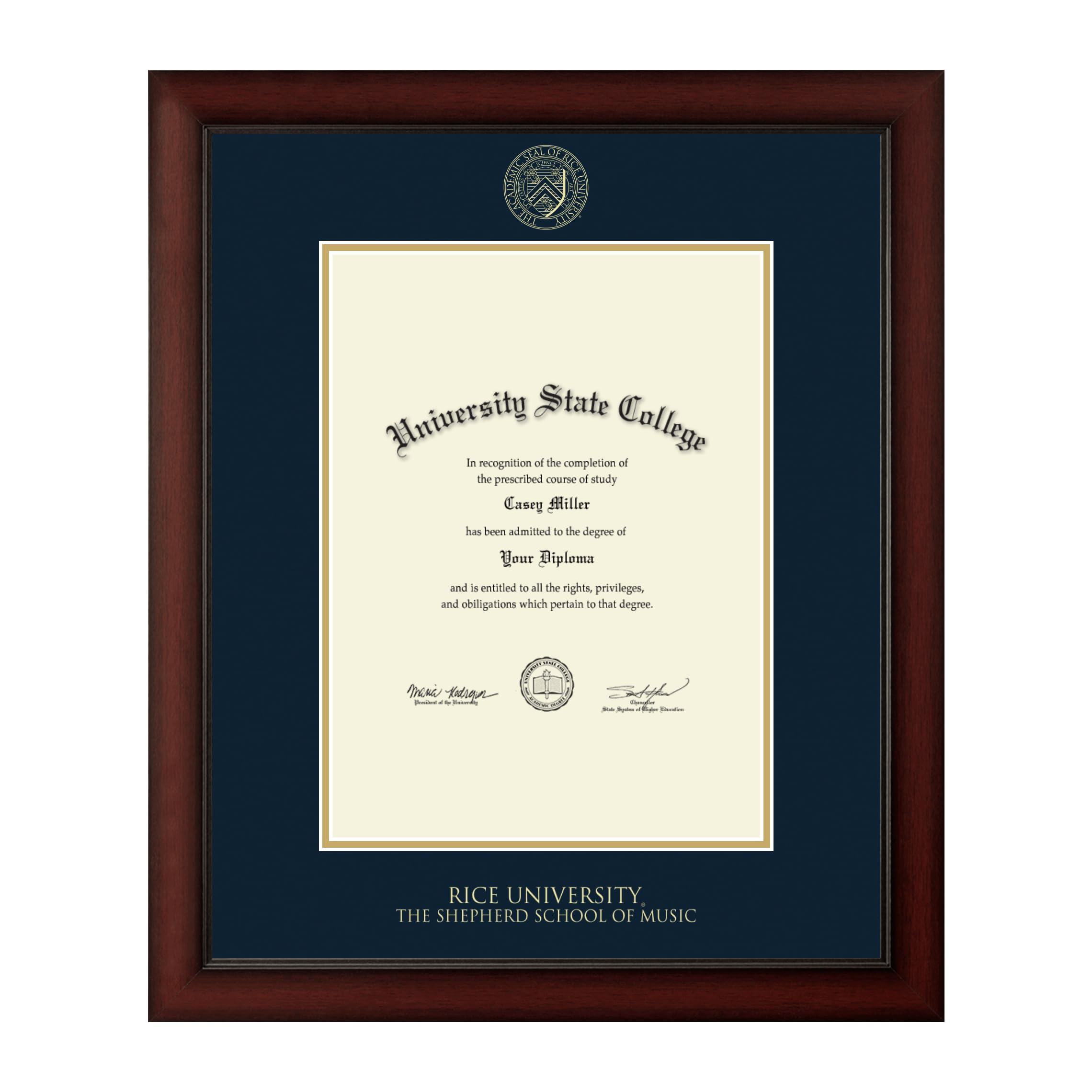 Rice University Shepherd School of Music Diploma Frame 17x23 Inches - Gold Embossed Cherry Wood Frame with Navy & Gold Mat - Fits Bachelor's, Master's & PhD Diplomas - Perfect for Graduation Gifts & Office Decor