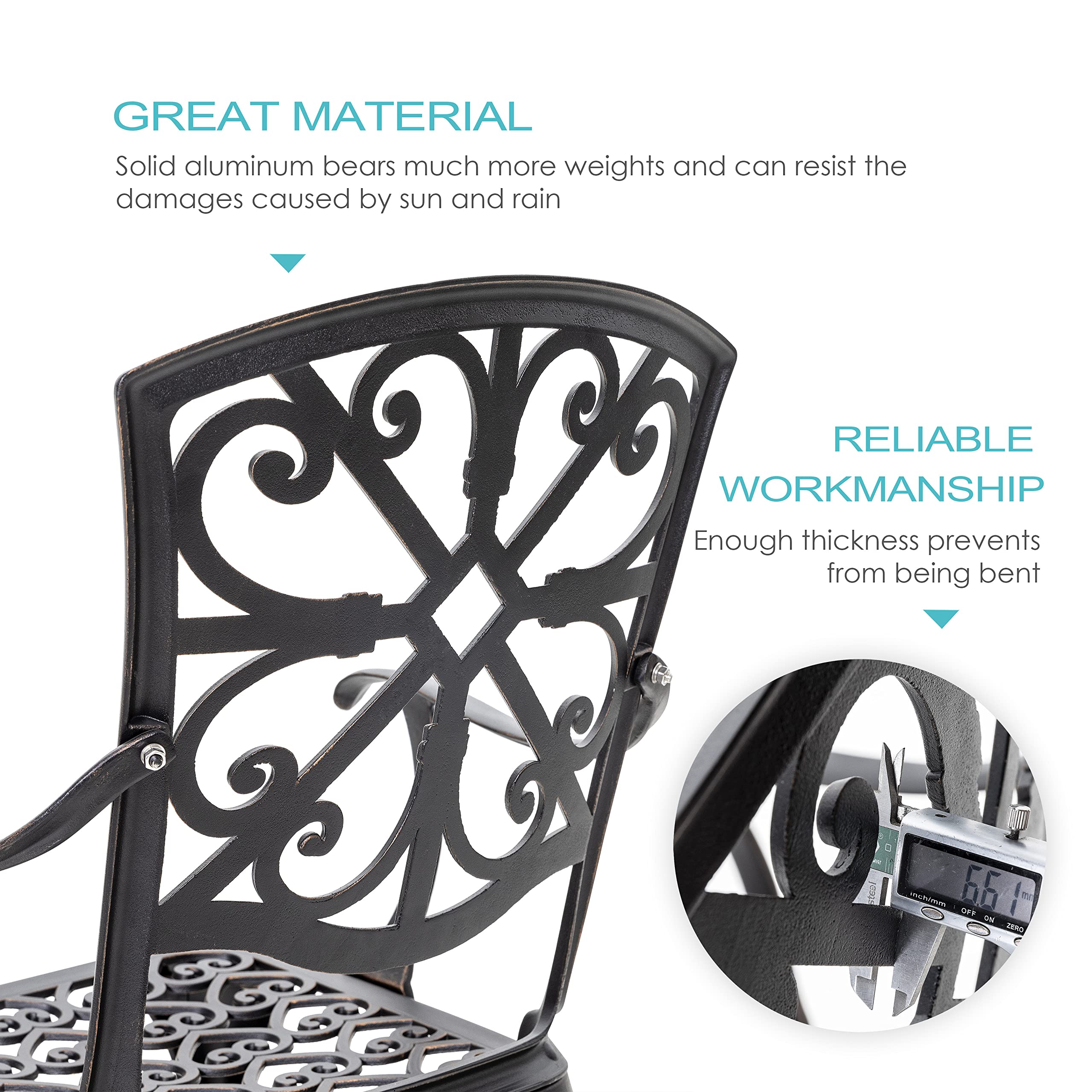 NUU GARDEN 3-Piece Outdoor Bistro Set - Rustproof Cast Aluminum Patio Table and Chairs with Umbrella Hole - Perfect for Backyard, Balcony, Front Porch, Garden & Poolside (Black)