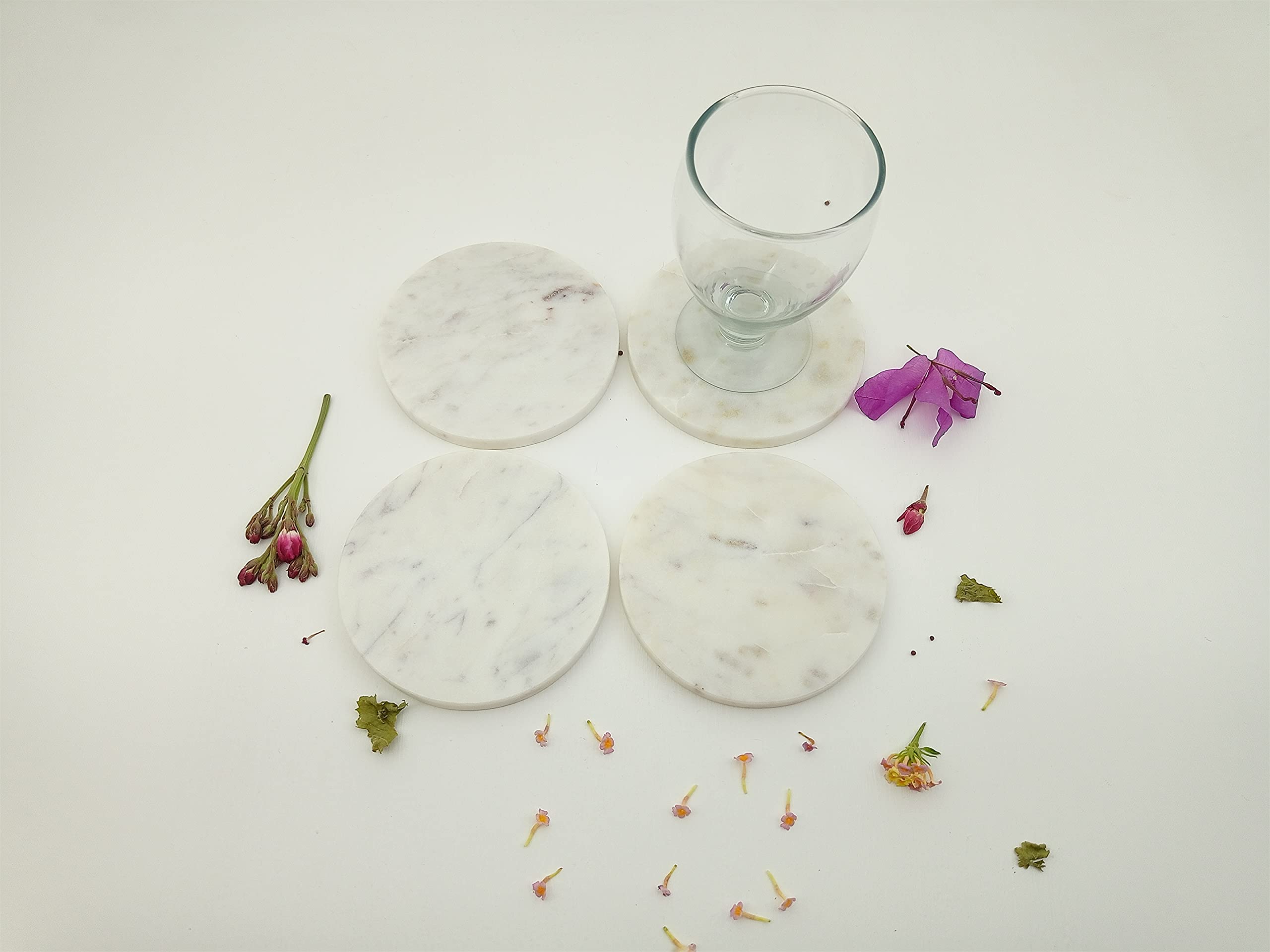 Handmade White Marble Round Coasters Set of 4 - Classic Elegant Drink Protectors for Bar, Kitchen, Dining & Living Room - Protect Furniture from Scratches & Stains - Perfect for Hot & Cold Beverages, Dinner Parties & Home Decor