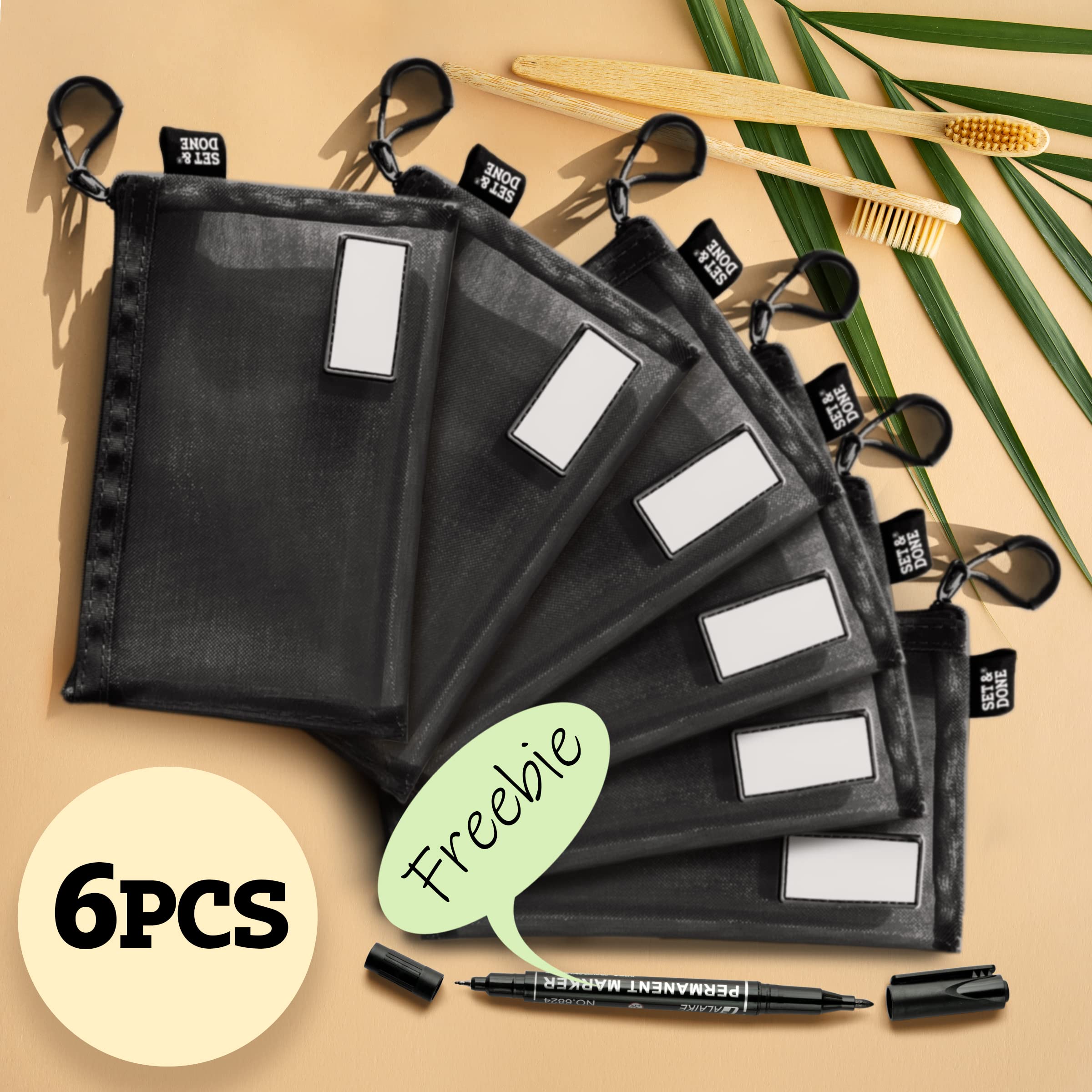 SET & DONE - 6-Pack Mesh Zipper Pouch Organizer with Waterproof Marker - Travel Storage Bags for Masks, Pens, Cosmetics, Cables & Toiletries - Washable & Reusable (Black) - Perfect for Travel, Office & School Organization