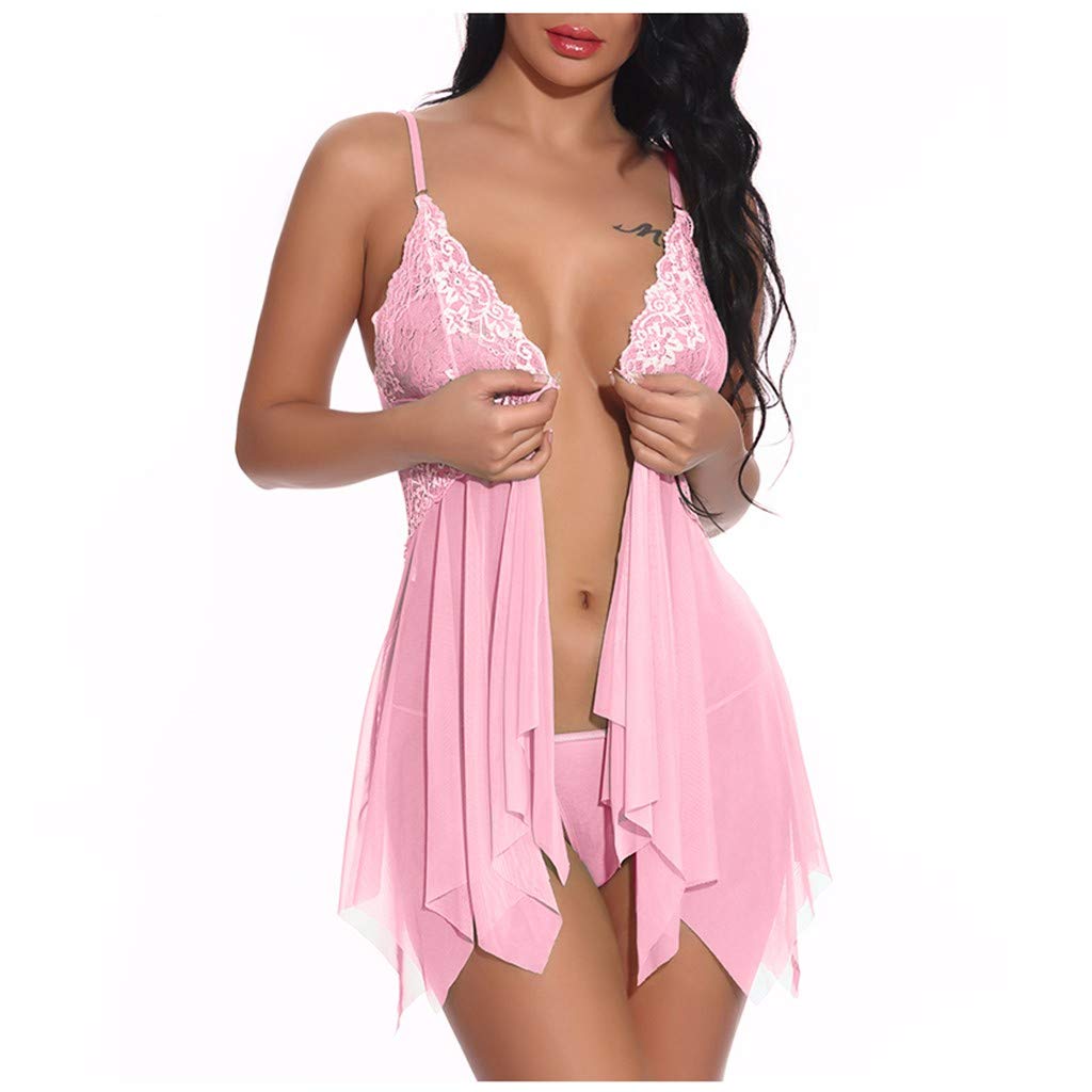 Sexy Lace Lingerie Set for Women - Babydoll Nightwear with Deep V Neck & Side Slit, Lace Bodysuit & Full Slip Sleep Dress - Perfect for Valentine's Day, Honeymoon & Romantic Nights
