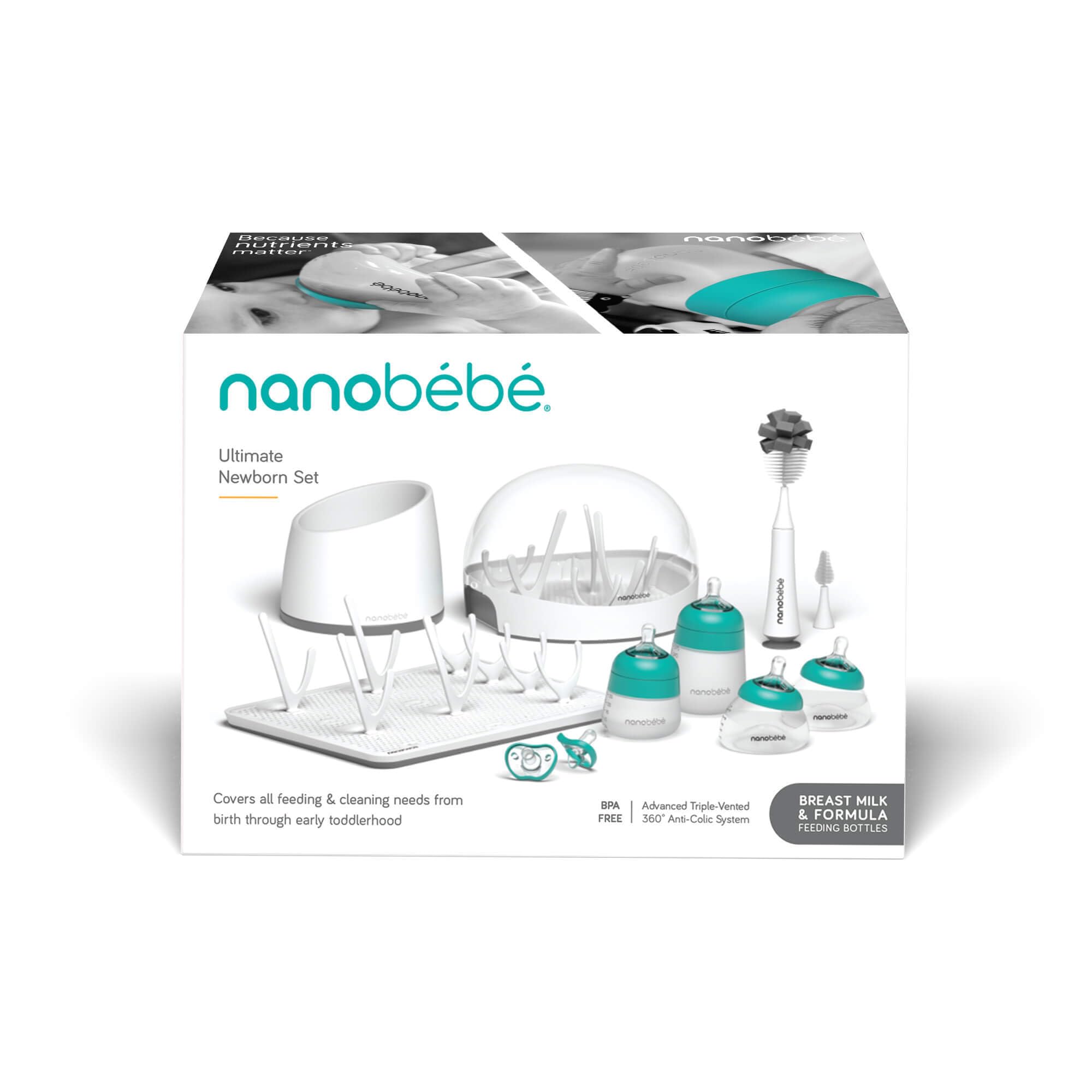 Nanobébé Breastmilk Storage and Silicone Baby Bottle Set (5oz & 9oz) with Sterilizer, Drying Rack, Anti-Colic Nipples, Pacifiers & Warmer - Teal/Grey - Perfect for Newborns, Breastfeeding Moms & Daycare Essentials
