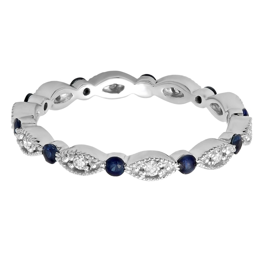 10K Solid Gold Round Blue Sapphire & White Diamond Women's Wedding Eternity Band Stackable Ring - Perfect for Bridal Jewelry, Anniversary Gifts, and Everyday Elegant Stacking