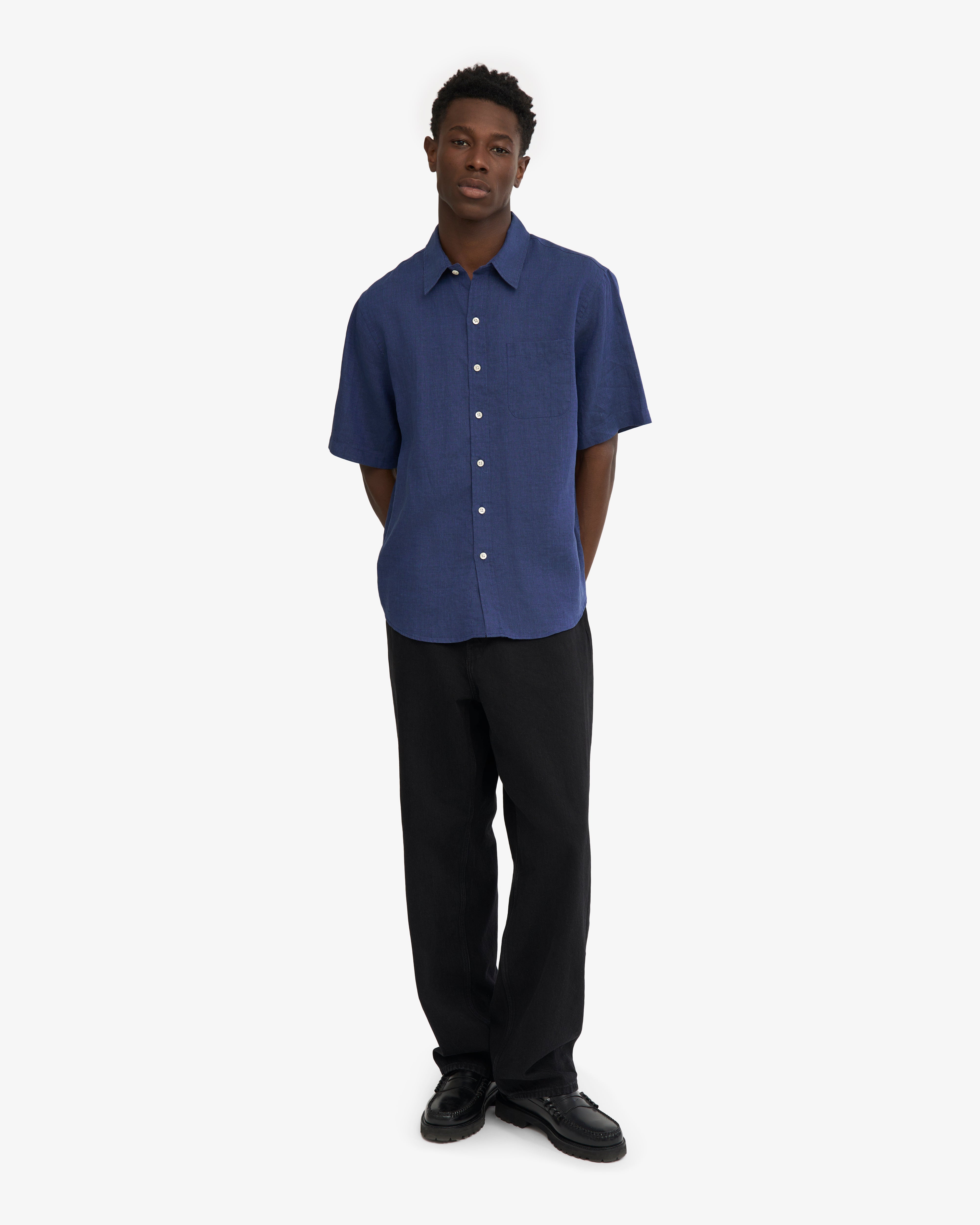Premium Linen Short Sleeve Shirt for Men - Breathable Marine Blue Summer Casual Shirt | Perfect for Beach Outings, Vacation Wear & Relaxed Office Style