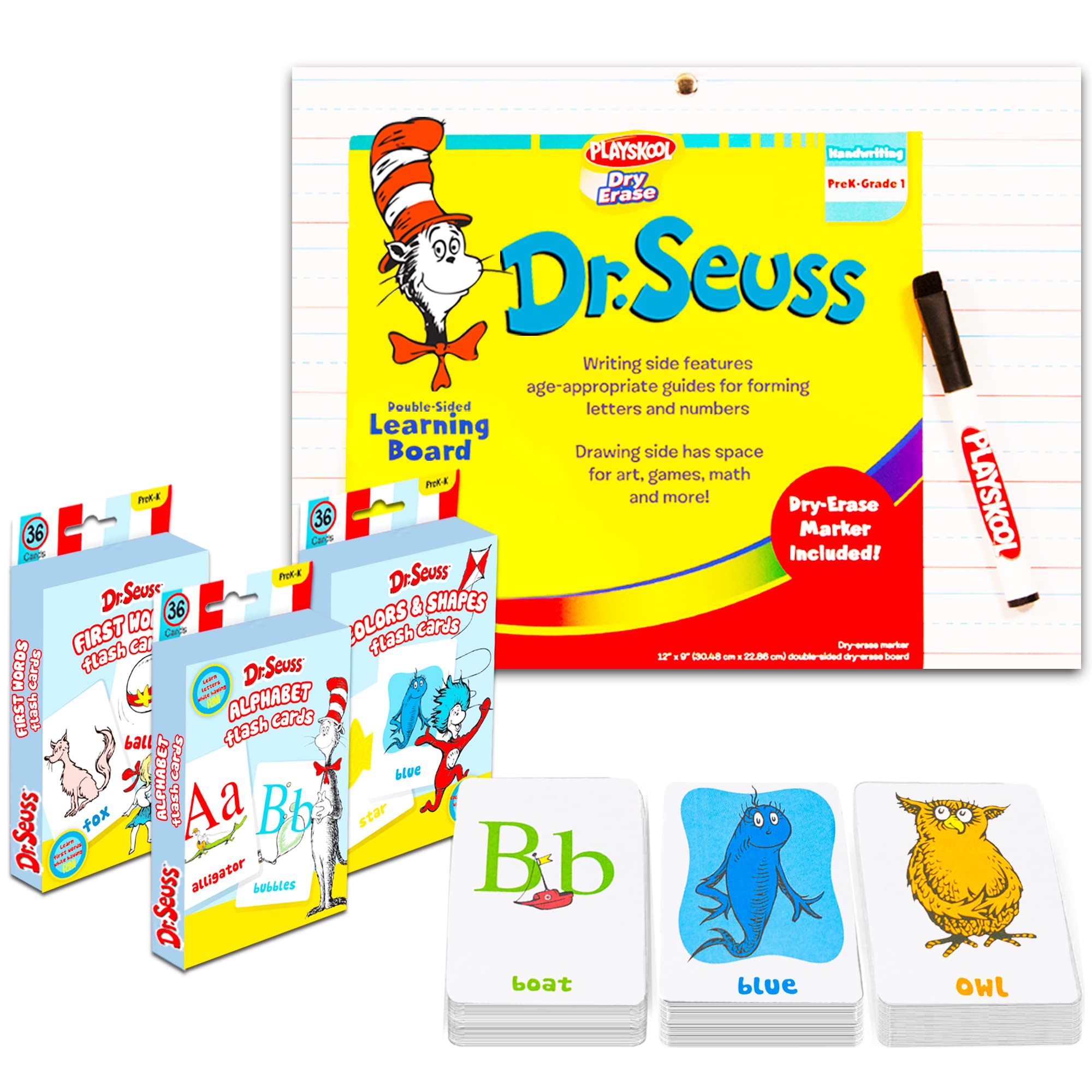 Dr. Seuss Super Set of 144 Flashcards for Toddlers & Kids - ABC, Numbers, Colors & Shapes, First Words (4 Packs) with White Board & Stickers - Perfect for Early Learning, Homeschooling & Preschool Education