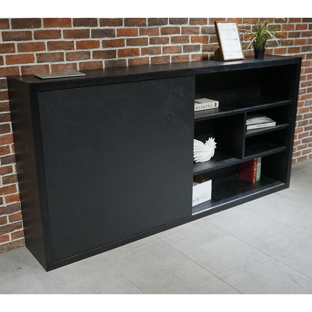 AFTAN 94.5-Inch Black Concrete TV Stand with Open Shelves - Modern Entertainment Center for Living Room, Bedroom & Home Theater