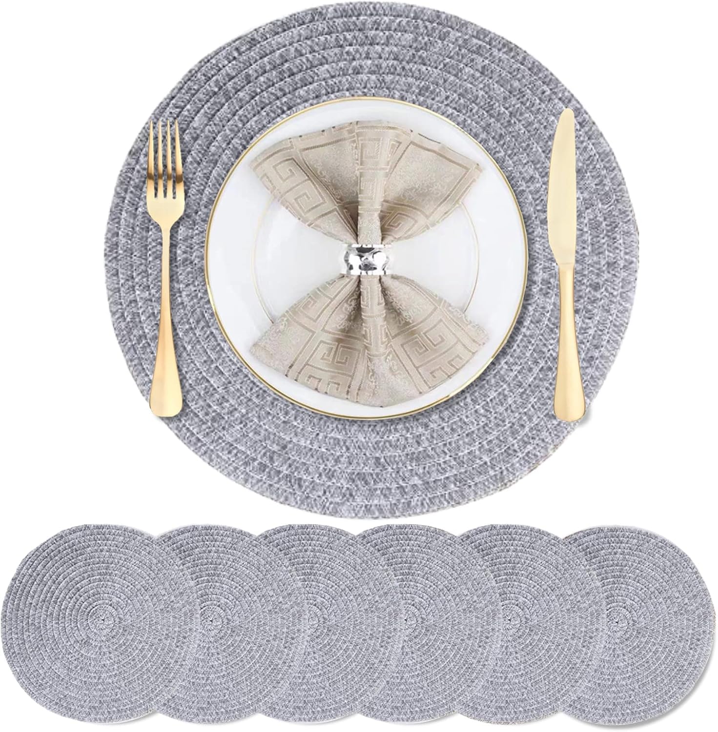 DACHUI Round Placemats Set of 6 - 15 Inch Washable Table Mats for Dining, Kitchen & Parties - Beige Color Home Decor - Perfect for Everyday Use, Holiday Gatherings & Formal Dining