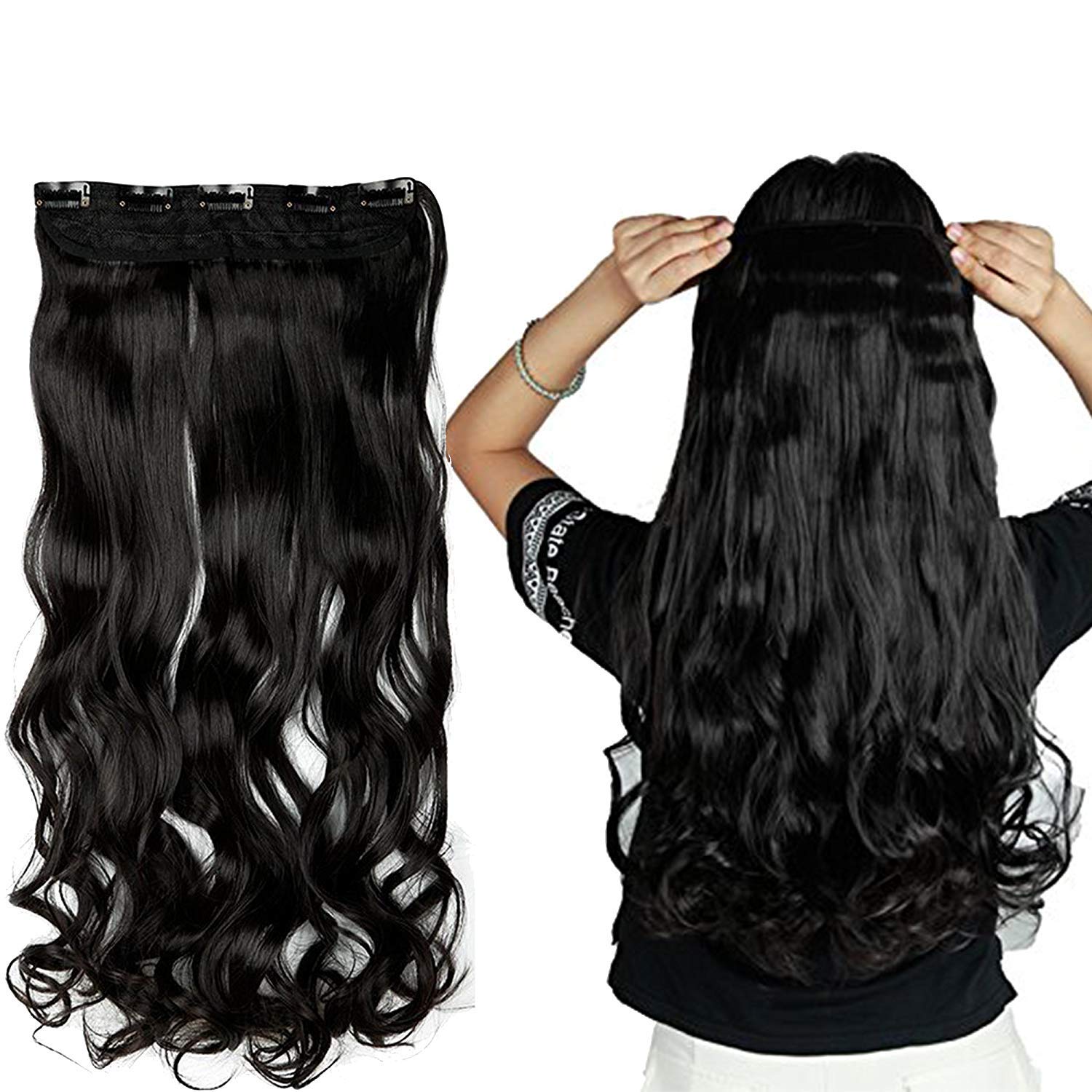 24-inch Curly Wave Clip-in Hair Extensions for Women - 5-Piece Set with 3/4 Full Head Coverage (Black) | Natural Looking Volume & Length | Perfect for Parties, Weddings & Daily Styling