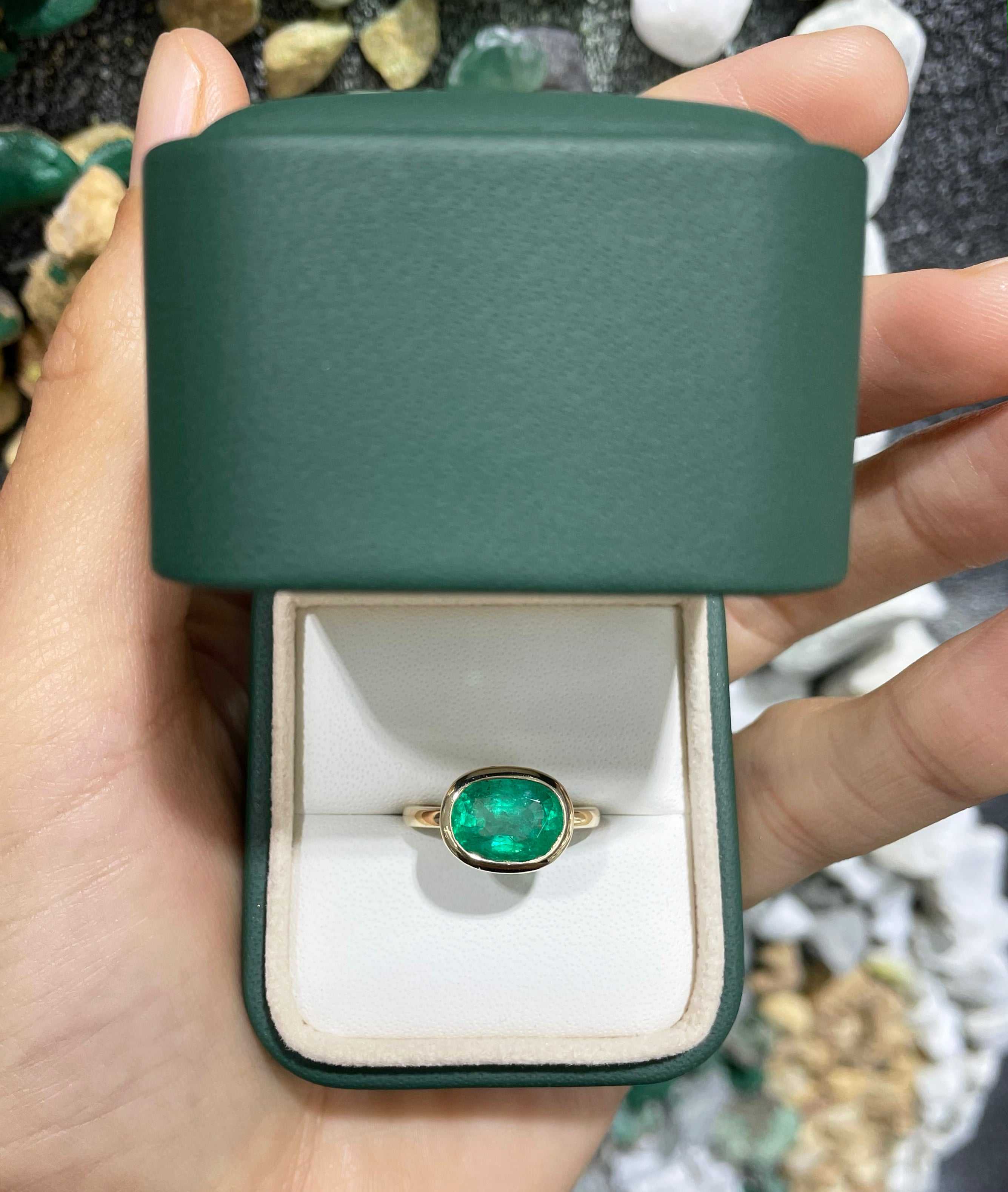 2.70 Carat 14K Gold Dark Rich Green Oval Natural Emerald Solitaire East-West Bezel Ring for Women – Elegant Wedding, Engagement, Anniversary Jewelry Gift