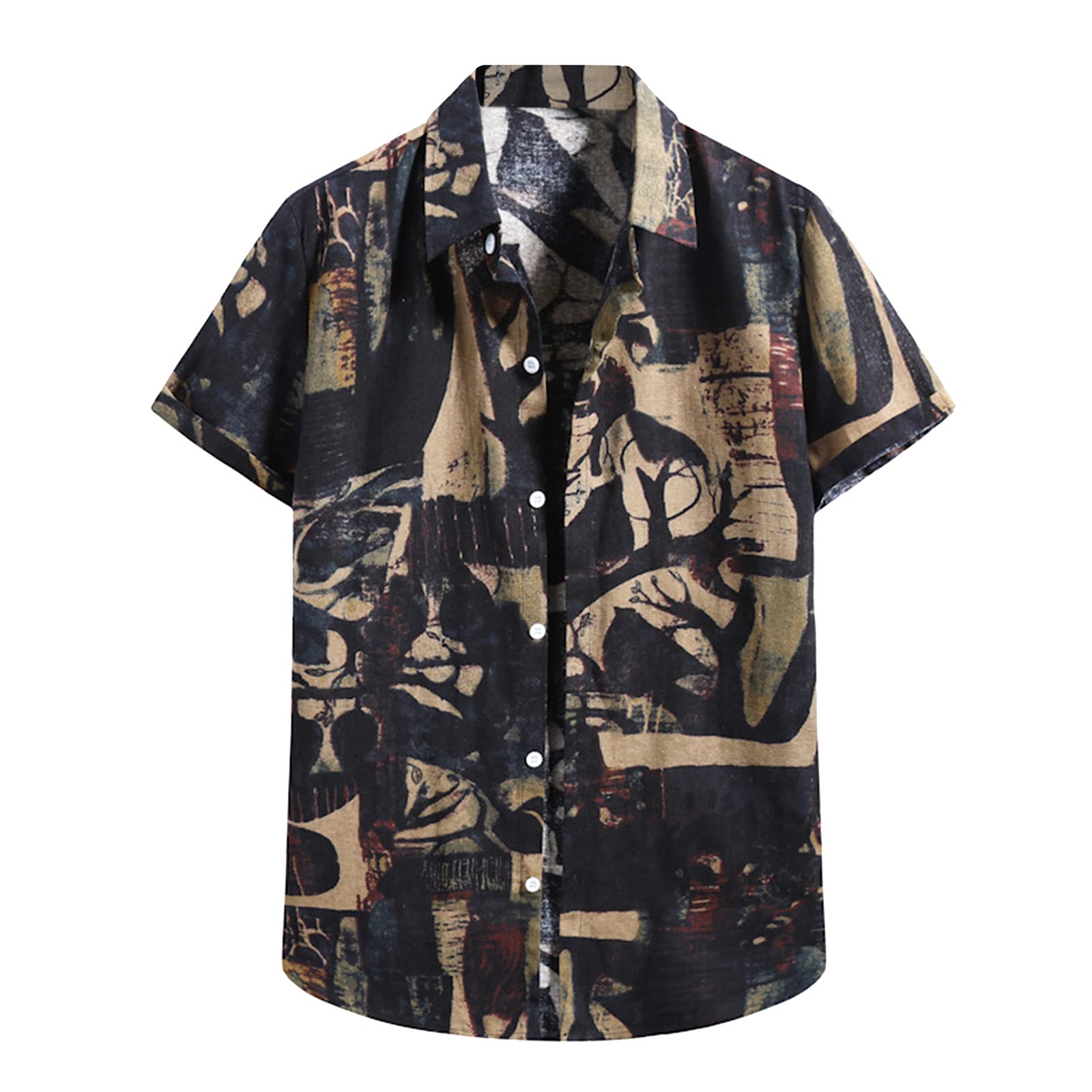 AMZFDC Men's Casual Short Sleeve Hawaiian Print Shirt with Turn-Down Collar - Breathable Summer Shirt for Beach, Vacation & Outdoor Activities (Black, Size S)