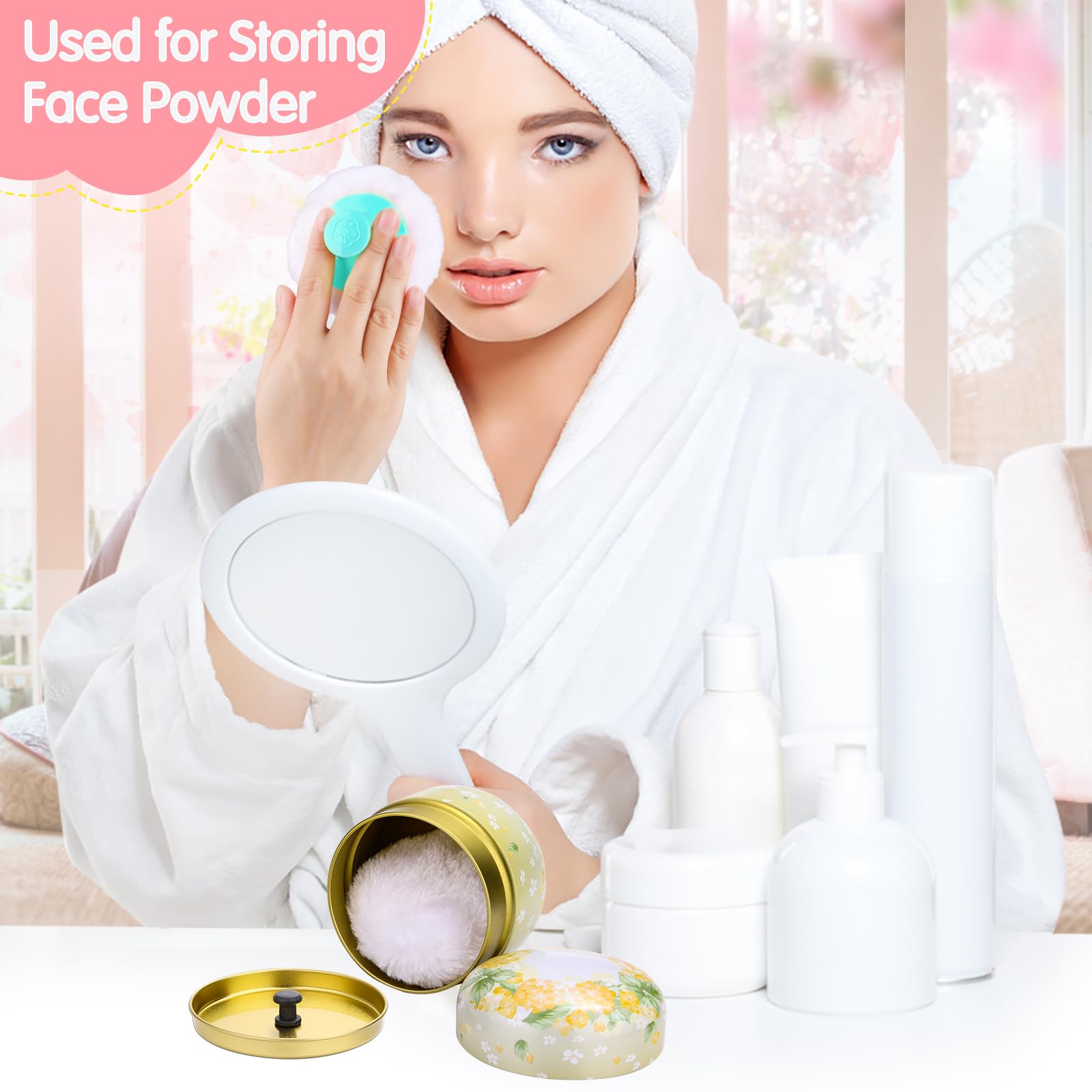 3-Piece Body Powder Puff Set with Floral Container - Large Plush Powder Puff & Spoon - Loose Dusting Powder Box for Women & Babies (Pink, Blue, Yellow) - Perfect for Home, Travel & Nursery Care