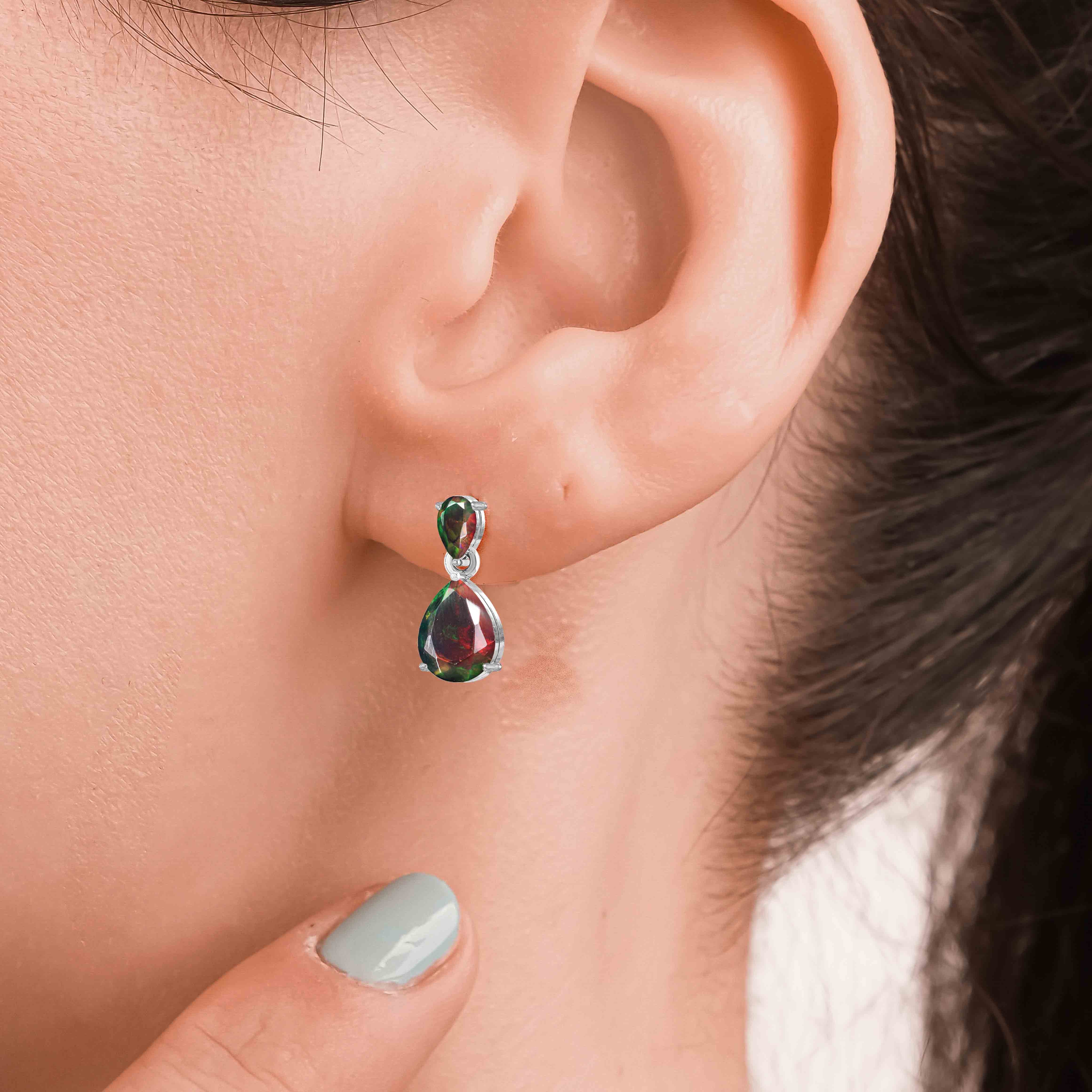 Black Dual Opal Pear Drop Stud Earrings for Women – Elegant Dangle Earrings for Party, Wedding & Everyday Wear