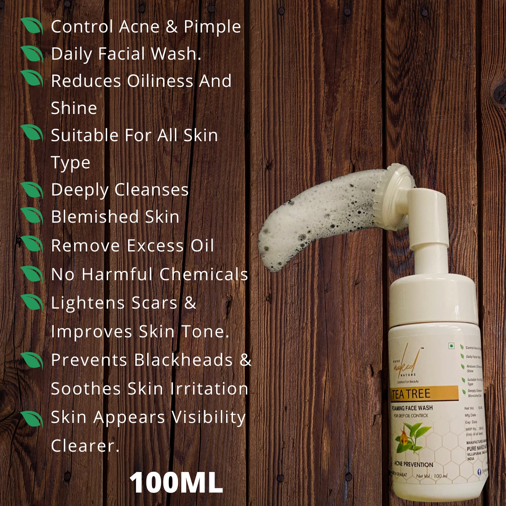 Tea Tree Foaming Face Wash for Acne & Oily Skin - Oil-Free Cleanser for Men & Women | 100ml | Deep Pore Cleansing, Reduces Breakouts | Perfect for Daily Skincare Routine & Travel