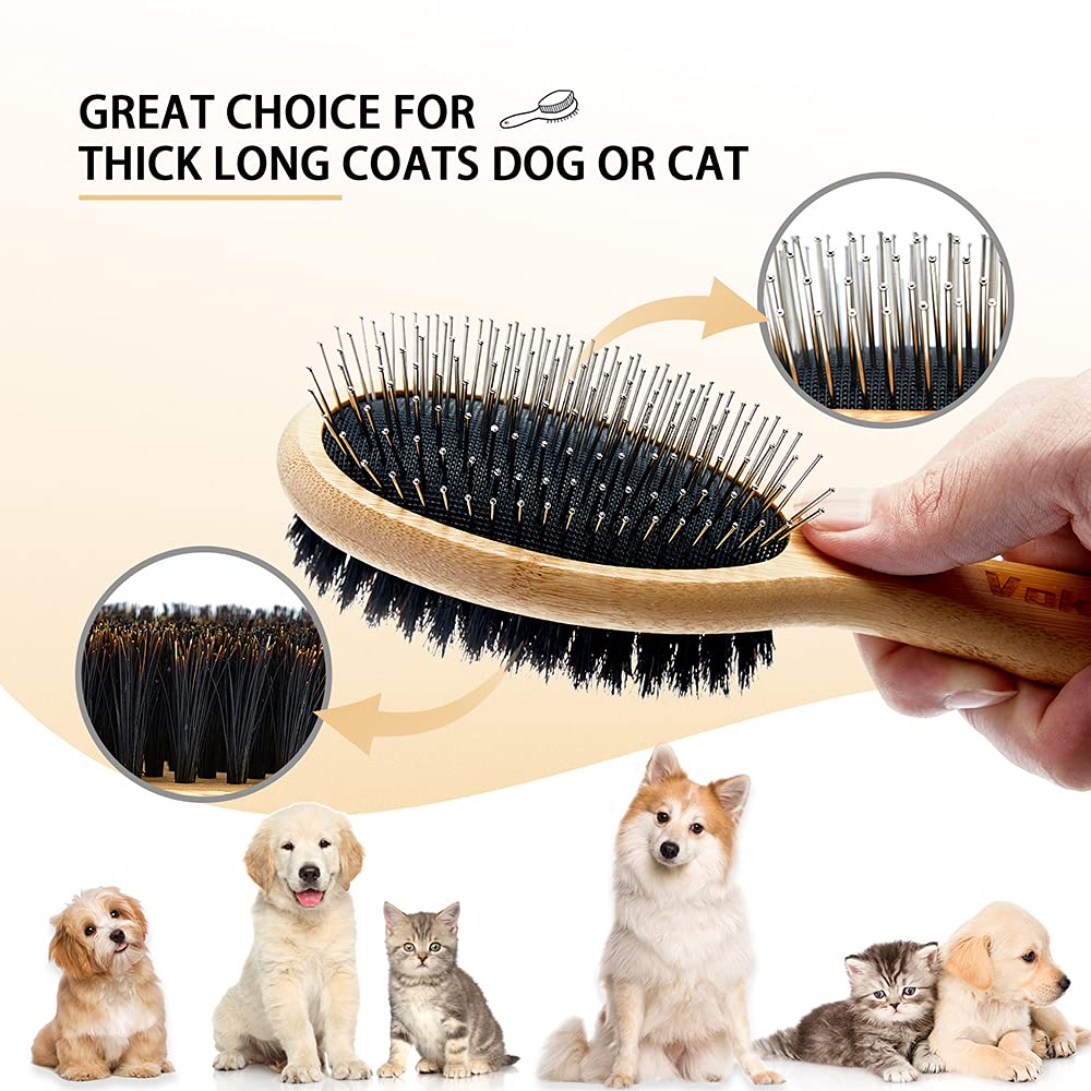 Double Sided Dog Brush & Cat Brush - Boar Bristle & Pin Pet Grooming Brush for Shedding Control - Bamboo Handle for Long & Short Hair - 4 Pack Dog Comb Set (Black & Yellow) - Perfect for Daily Pet Grooming & Coat Maintenance at Home
