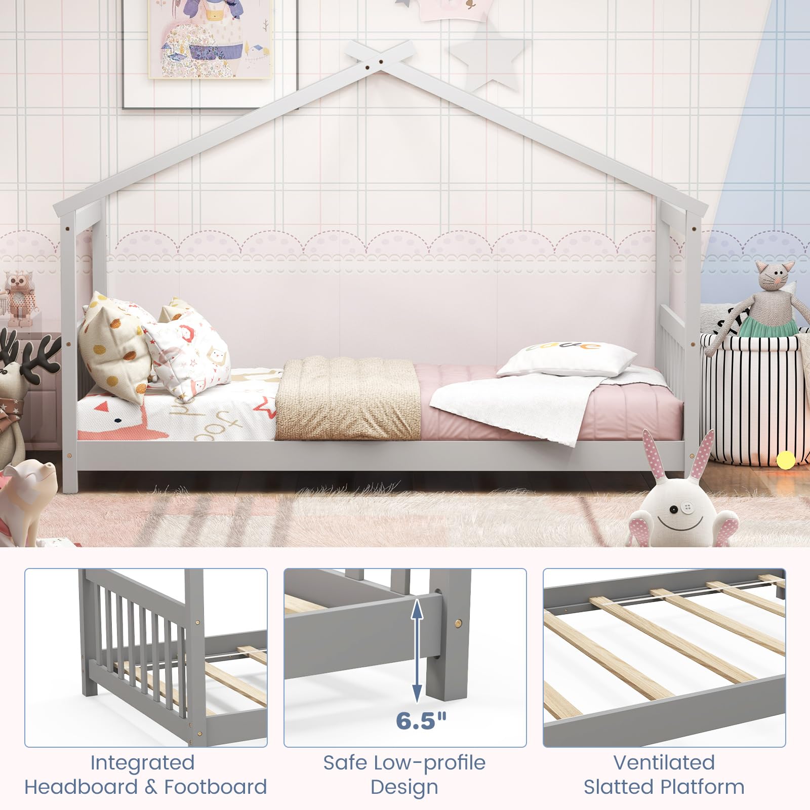 KOMFOTT Twin Wood House Bed for Kids - Low Profile Floor Bed Frame with Roof, Headboard & Footboard - Montessori Style Tent Bed for Toddlers, Boys & Girls - No Box Spring Needed (Grey) - Perfect for Bedrooms, Playrooms & Montessori Learning Spaces