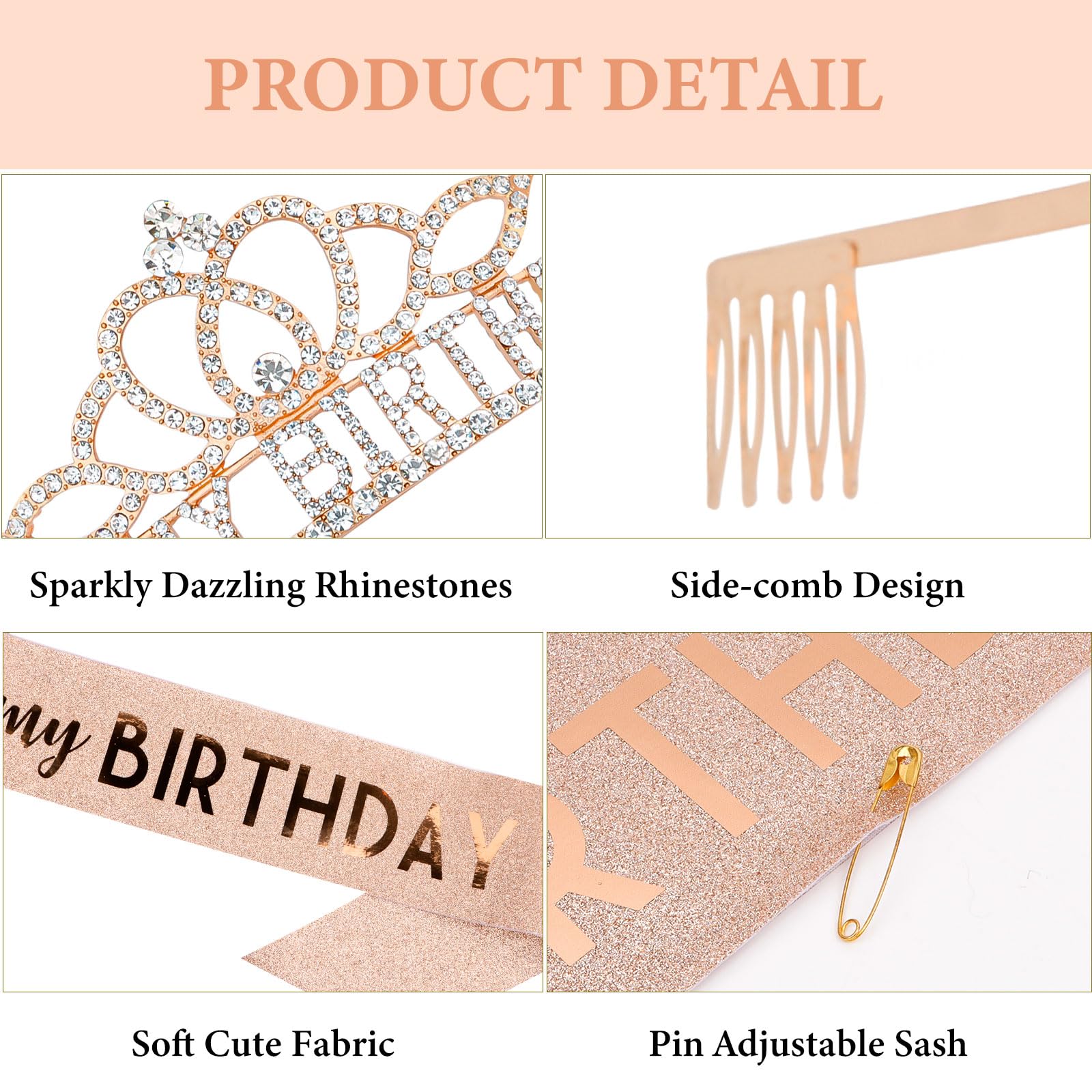 Rose Gold Birthday Crown & Sash Set for Women - Elegant Adult Birthday Party Decorations & Gifts - Perfect for Birthday Celebrations, Bachelorette Parties & Special Occasions