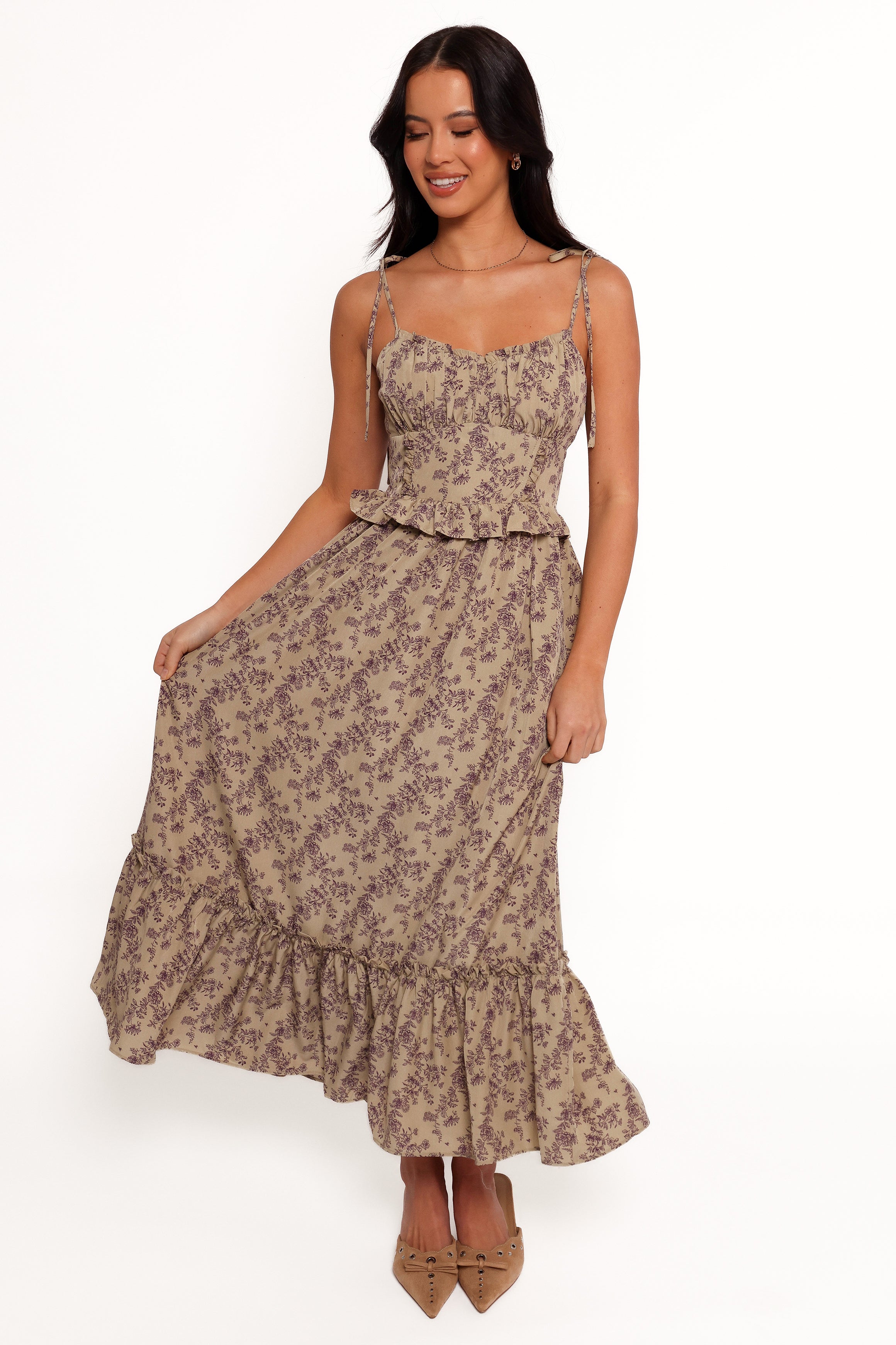 Karie Midi Dress for Women - Olive & Dark Purple Flowy Summer Dress | Perfect for Beach Vacation, Date Night & Casual Outings