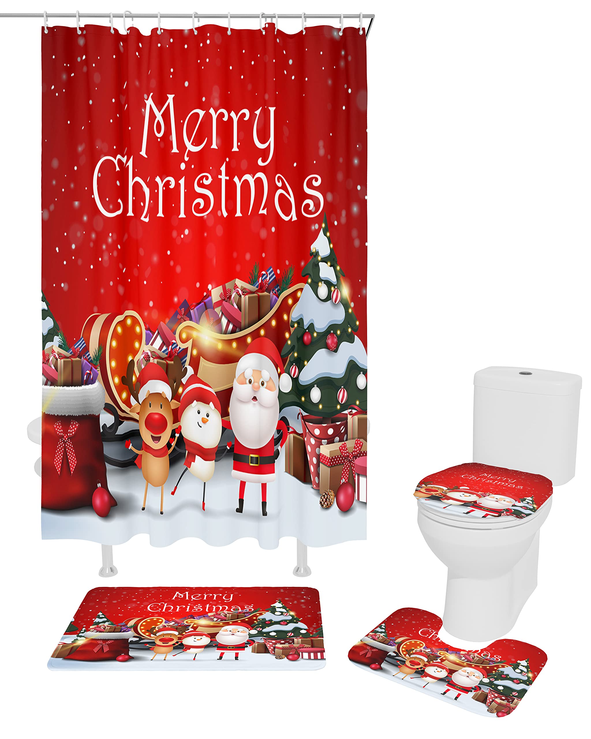 4-Piece Christmas Shower Curtain Set with Santa Claus Snowman Elk Design - Non-Slip Bath Mat, Toilet Cover & Rugs for Winter Bathroom Decor | Perfect for Holiday Home Decor & Gift Giving