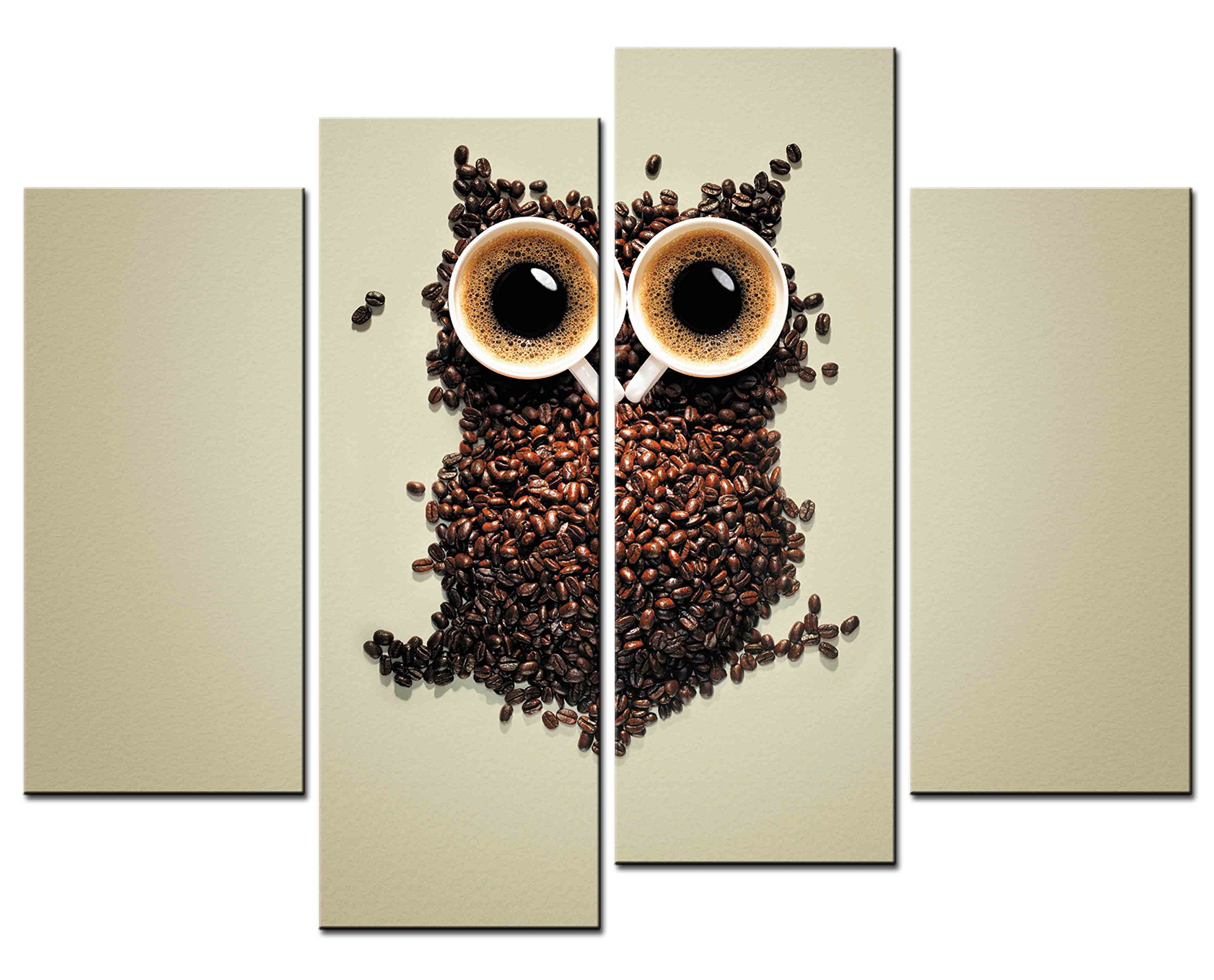 Owl Coffee Painting Wall Art - 4 Panel Canvas Print with Mosaic of Coffee Cups & Beans - Modern Home & Office Decor for Living Room, Bedroom, or Cafe