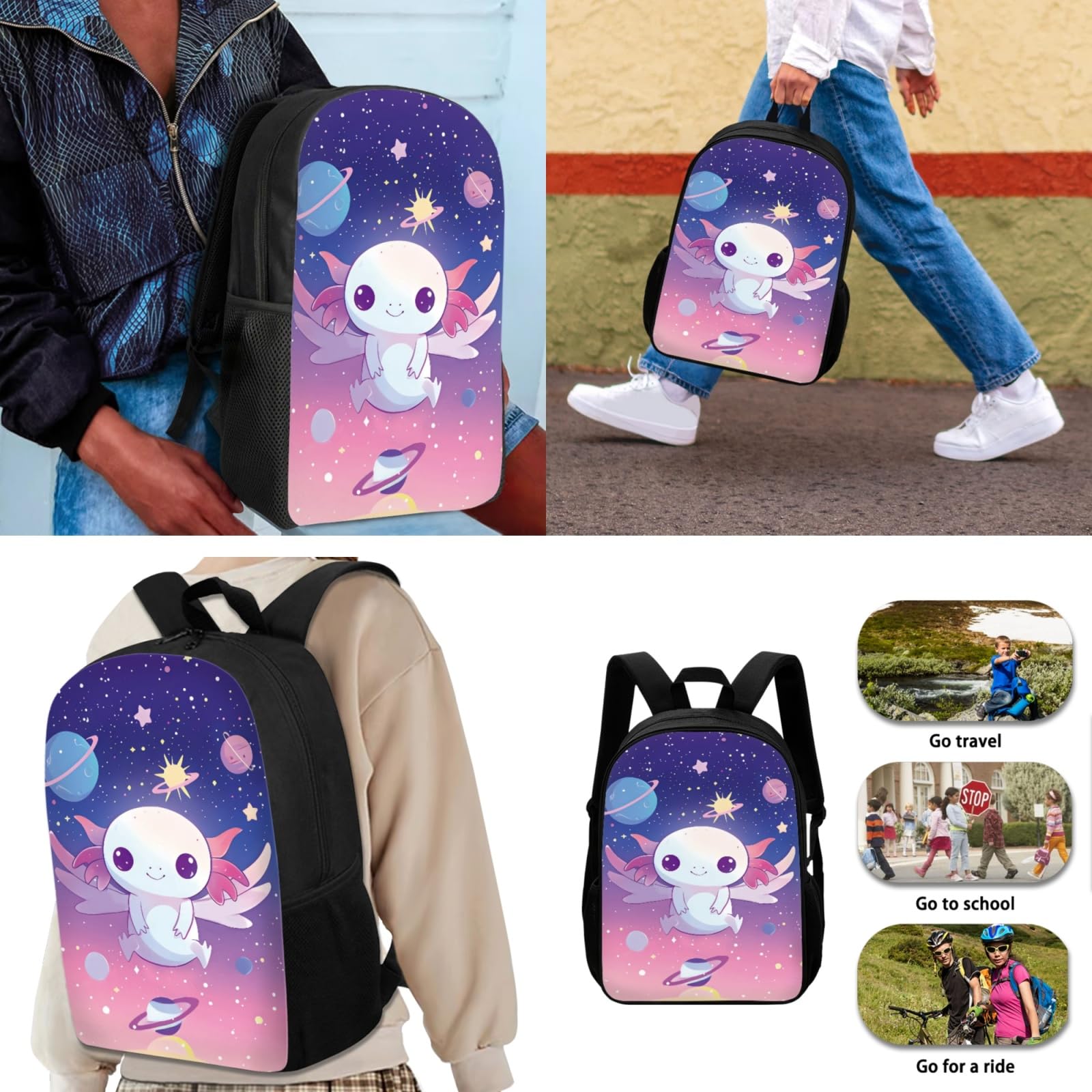 **Adorable Axolotl Backpack Set for Girls - Cute School Backpack with Lunch Box, Pencil Case & Bottle Holder - Perfect for Kindergarten & Elementary School - 4-Piece Bookbag Set for Daily Use & Outdoor Adventures**