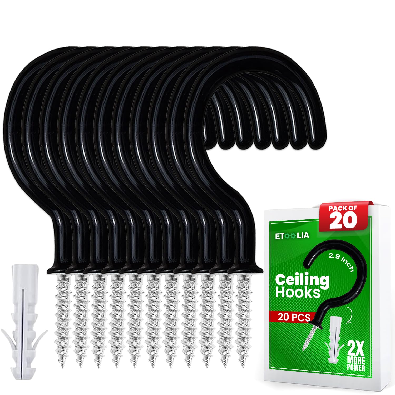 20 Pack Heavy Duty Vinyl Coated Ceiling Hooks - 2.9 Inch Black Plant Hangers for Indoor/Outdoor Use - Perfect for Hanging Plants, Kitchen Mugs, Lights & Wind Chimes - Rustproof & Durable Home & Garden Decor