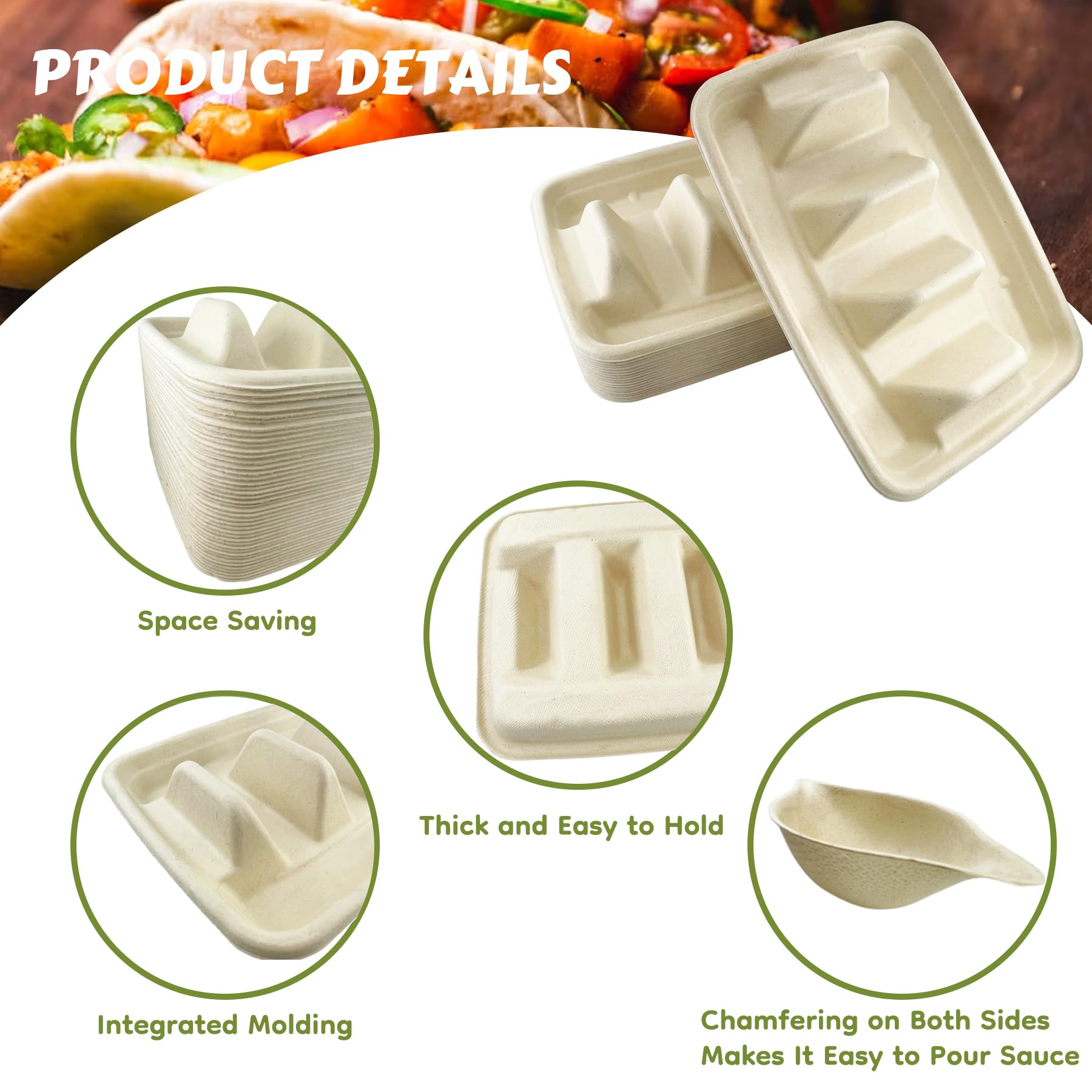 43-Pack Disposable Taco Holder Trays with 3 Dividers & 10 Dip Plates | Eco-Friendly Paper Pulp Fiber Plates for Taco Tuesday Parties, Buffets & Lazy Susan Serving | Perfect for Taco Bars, Game Nights & Family Gatherings