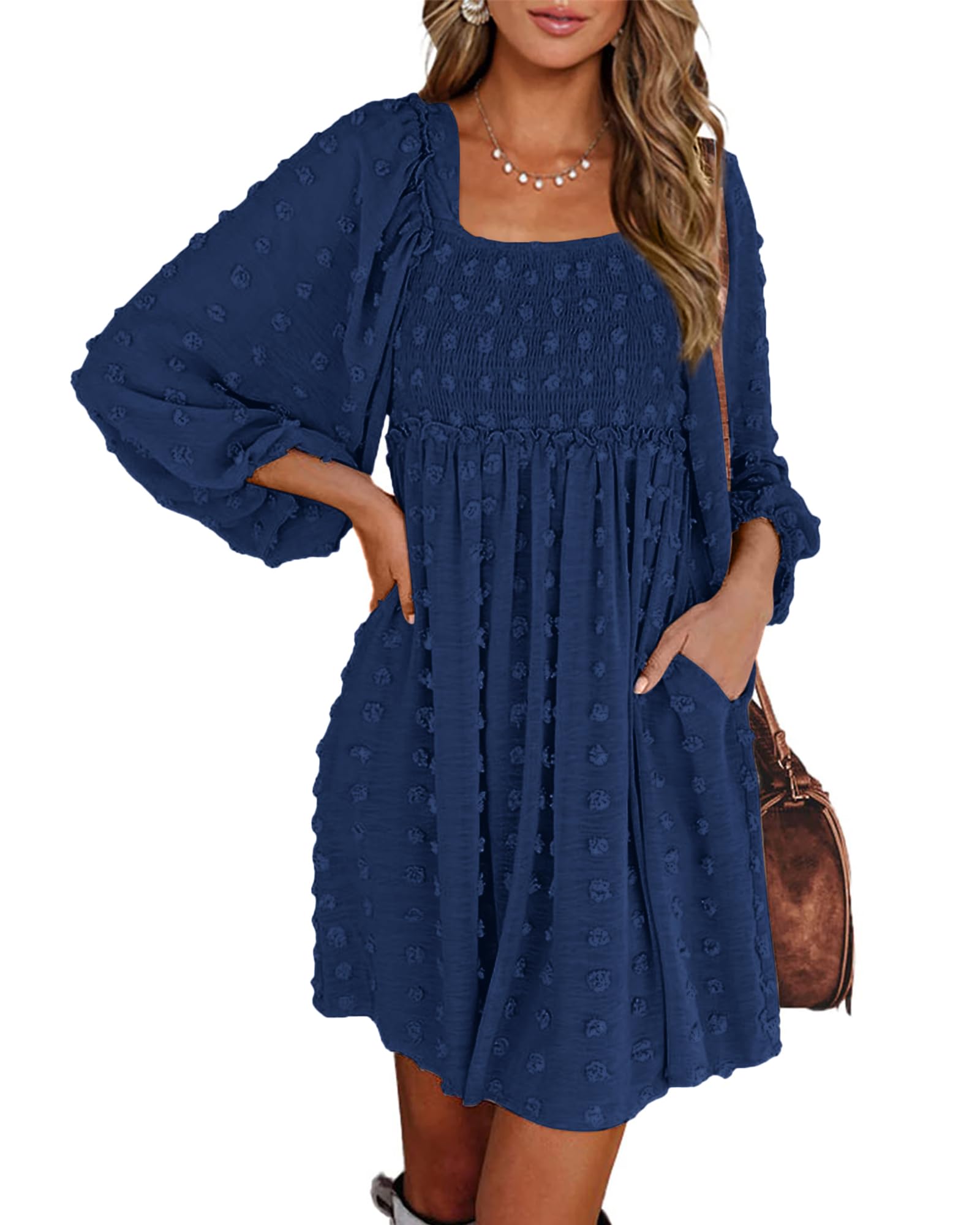 BTFBM Women's Floral Swiss Dot Boho Dress - Square Neck Smocked Long Sleeve Mini Dress for Wedding Guest, Spring & Summer 2025 | Perfect for Garden Parties, Bridal Showers & Date Nights
