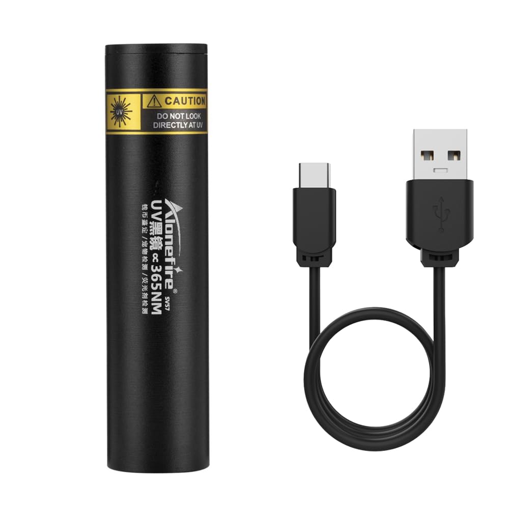 ALONEFIRE SV57 3W Small UV Flashlight 365nm - USB-C Rechargeable Ultraviolet Black Light for Mineral Detection, Money Verification & Pet Urine Tracking | Compact Aluminum Case with Battery Indicator | Perfect for Home Inspection, Outdoor Adventures & Security Checks