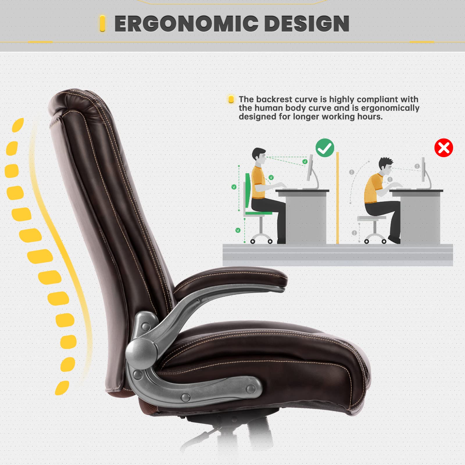COLAMY Big and Tall Office Chair 400lbs - Heavy Duty High Back Executive Desk Chair with Flip-Up Arms & Wide Seat - Ergonomic Computer Chair for Home Office (Brown) - Perfect for Long Work Hours & Large Individuals