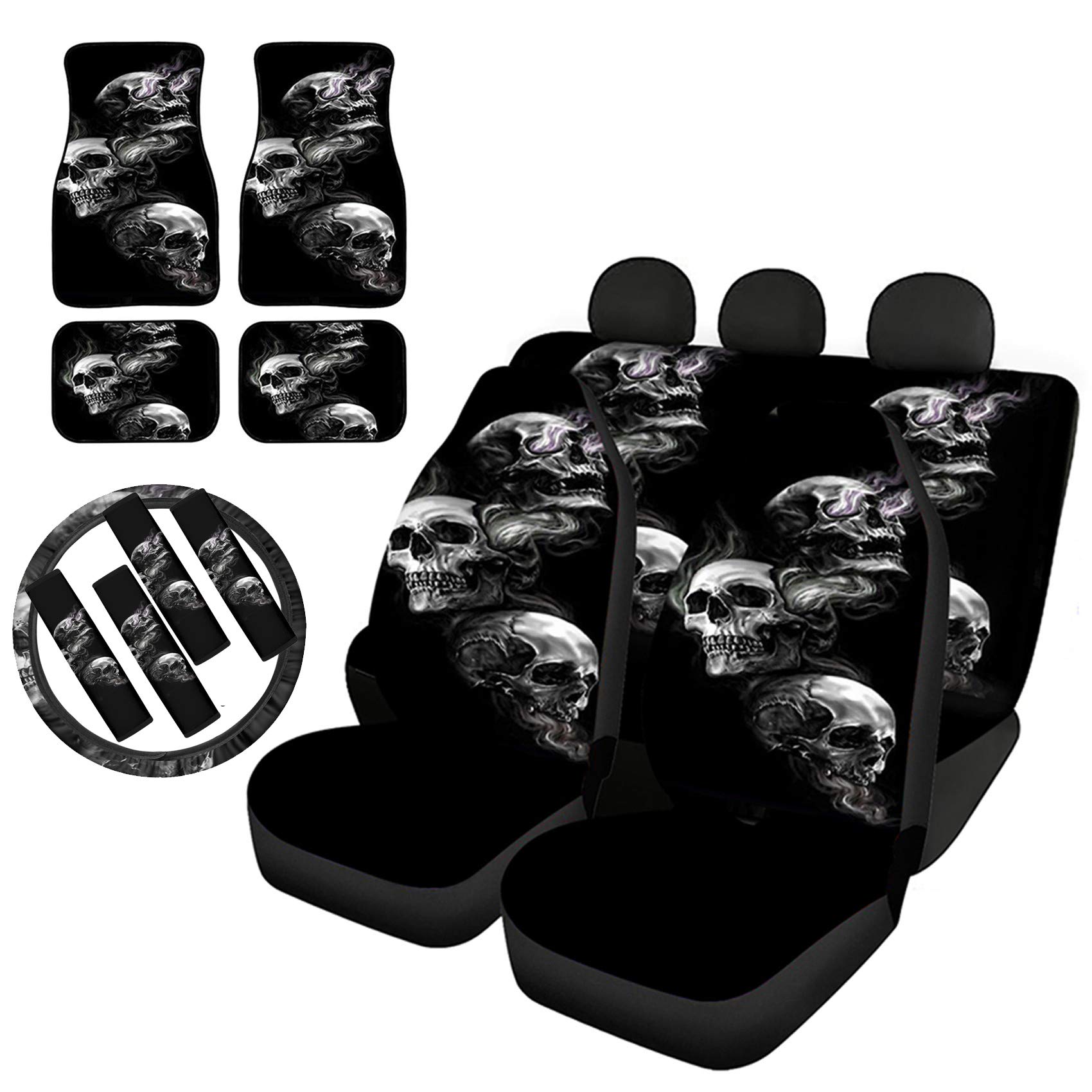 HUGS IDEA Cool Skull Skeleton Print Car Seat Covers - Full Set of 13 Pieces with Stretchy Steering Wheel Cover, Seat Belt Strap Cover & Floor Mats - Easy to Clean & Durable - Perfect for Halloween, Gothic Style & Car Enthusiasts