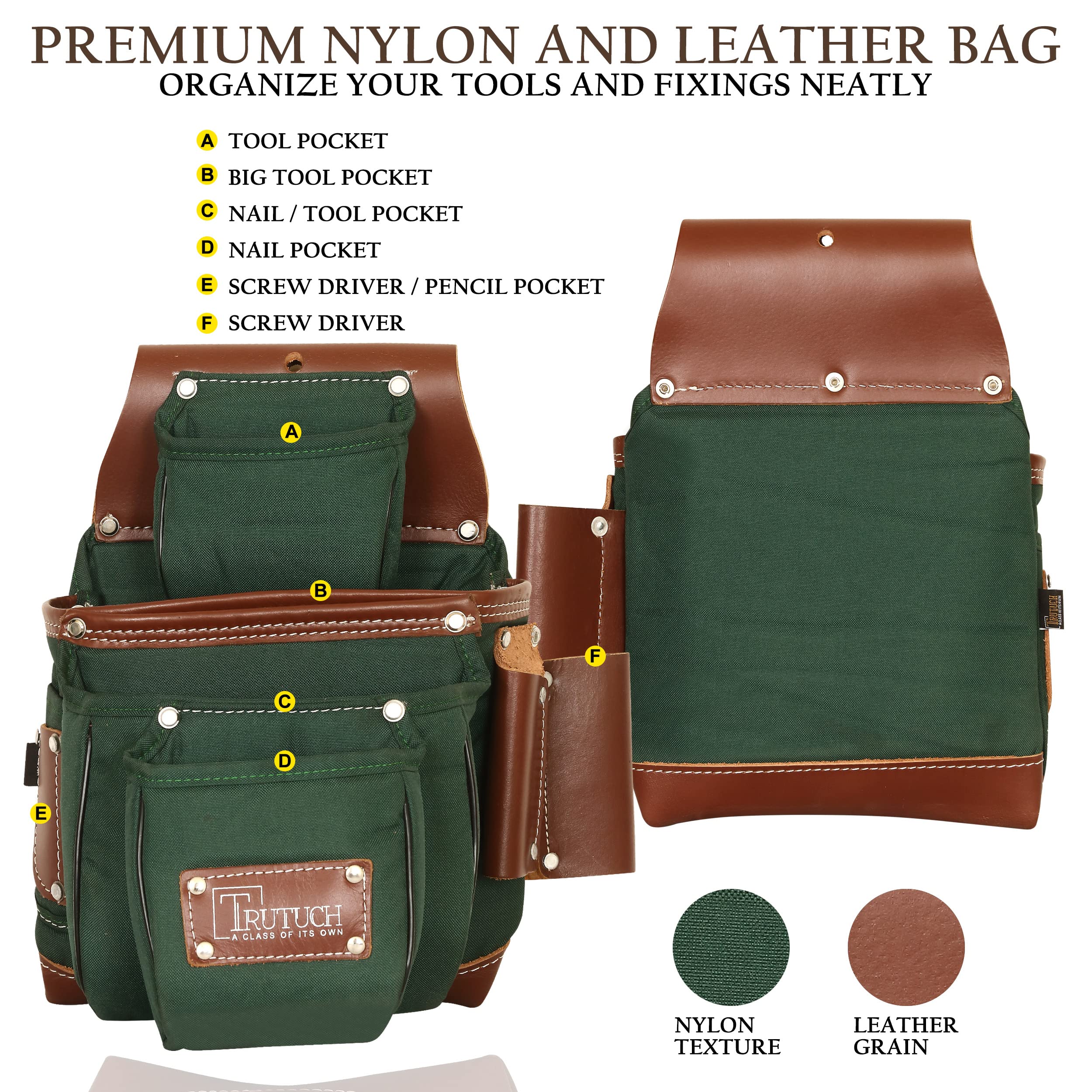 Durable Nylon & Leather Tool Belt for Carpenters, Electricians & Construction Workers - Heavy Duty Framing Tool Bag with Pouch - Perfect for Job Sites & DIY Projects (Green)