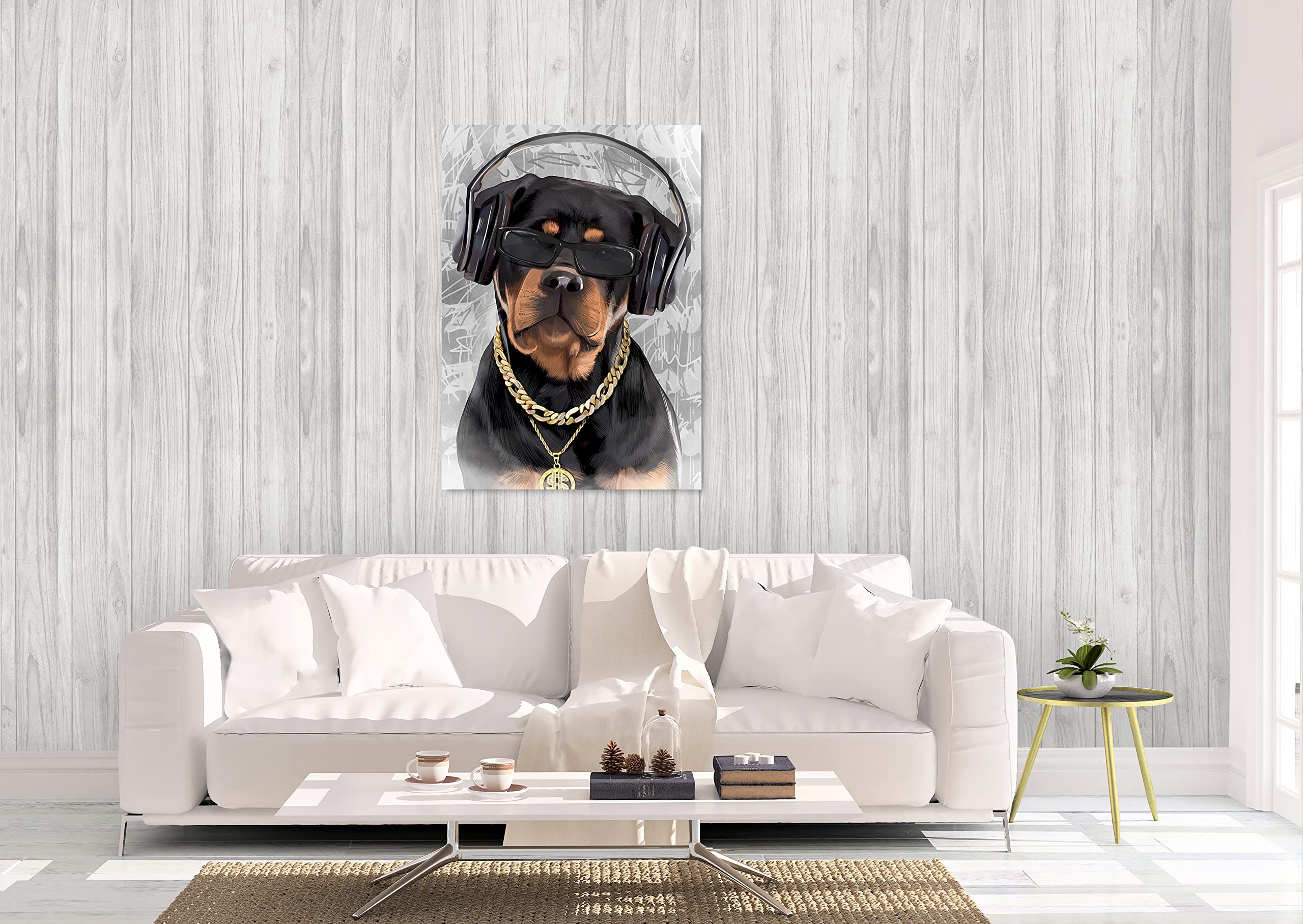 Funny Dog Portrait Wall Art - Cute Rottweiler Rapper Canvas Print 24x32 Inch | Unique Home Decor for Dog Lovers | Perfect for Living Room, Bedroom & Office | Stretched & Ready to Hang | Great Gift Idea for Pet Owners
