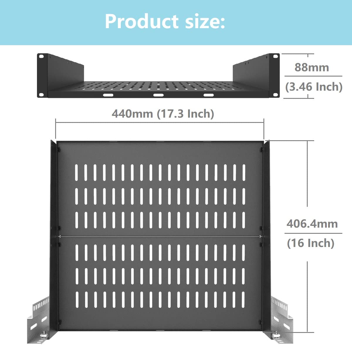 Jingchengmei 2U Server Rack Shelf - 16 Inch Deep Universal Vented Rack Mount Cantilever Tray for 19-inch Network Cabinet or Server Rack - Heavy Duty Disassembled Black (2U16InD) - Perfect for Data Centers, IT Rooms, and Home Server Setups