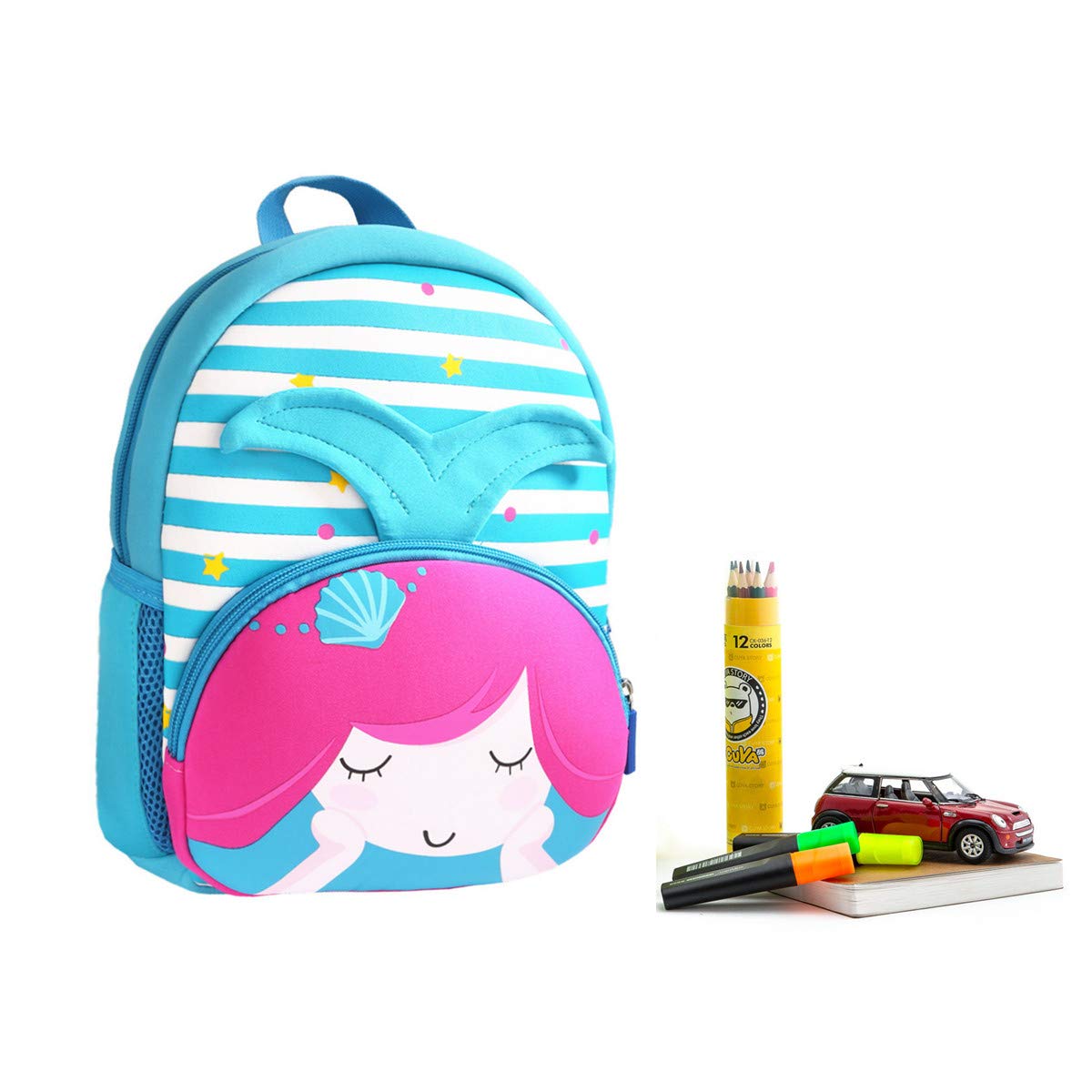 KK CRAFTS Neoprene Preschool Backpack for Toddlers - Cute Mermaid Design School Bag & Lunch Bag for Boys & Girls - Perfect for Daycare, Kindergarten & Outdoor Adventures