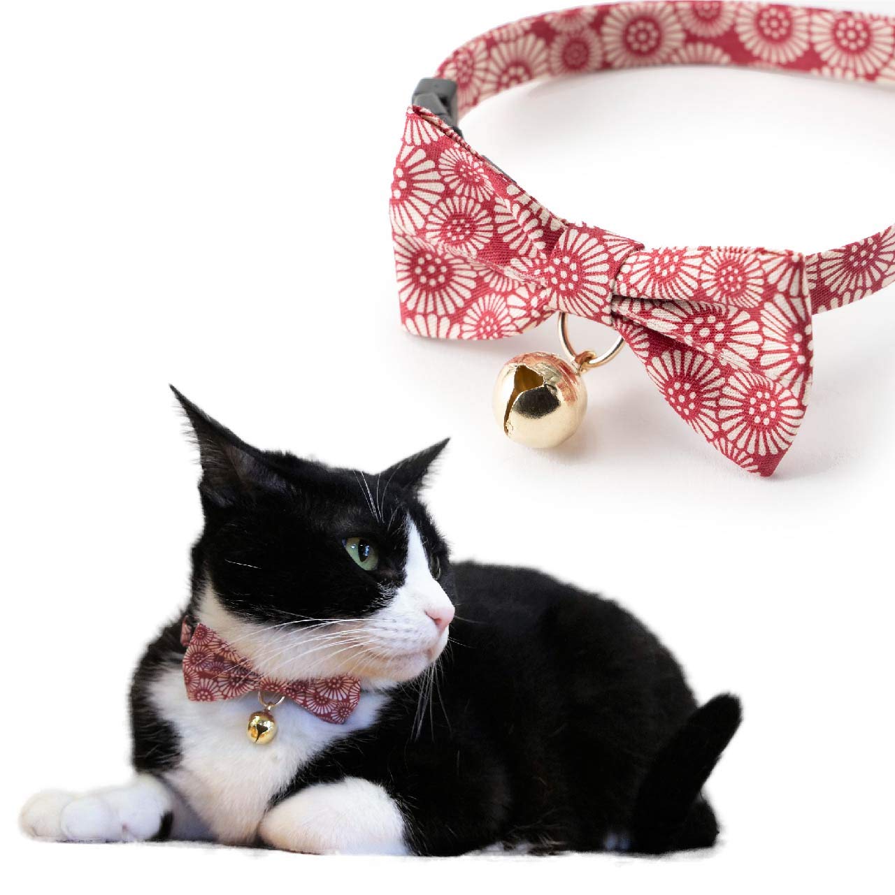 Necoichi Kiku Ribbon Bow Tie Cat Collar for Small Cats - Adjustable & Stylish Red Pet Collar - Perfect for Grooming, Photos & Special Occasions