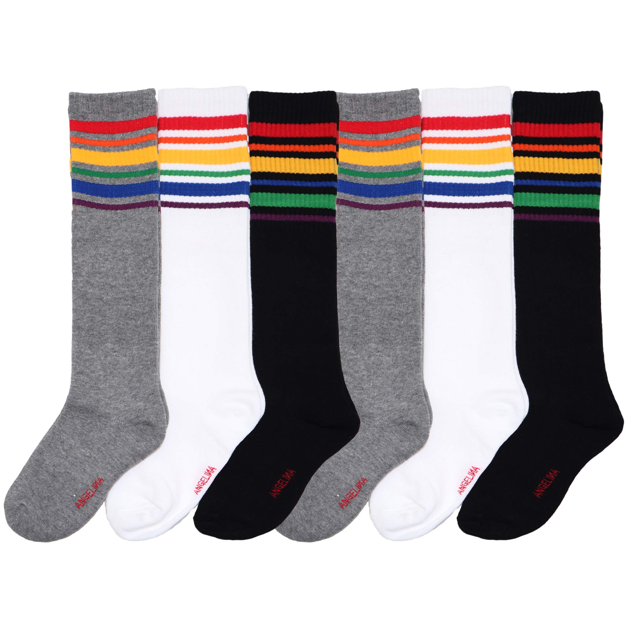 Angelina Women's Rainbow Striped Cotton Crew Socks 6-Pair Pack - Colorful Comfort Socks for Casual Wear, Gym, Workout & Everyday Fashion