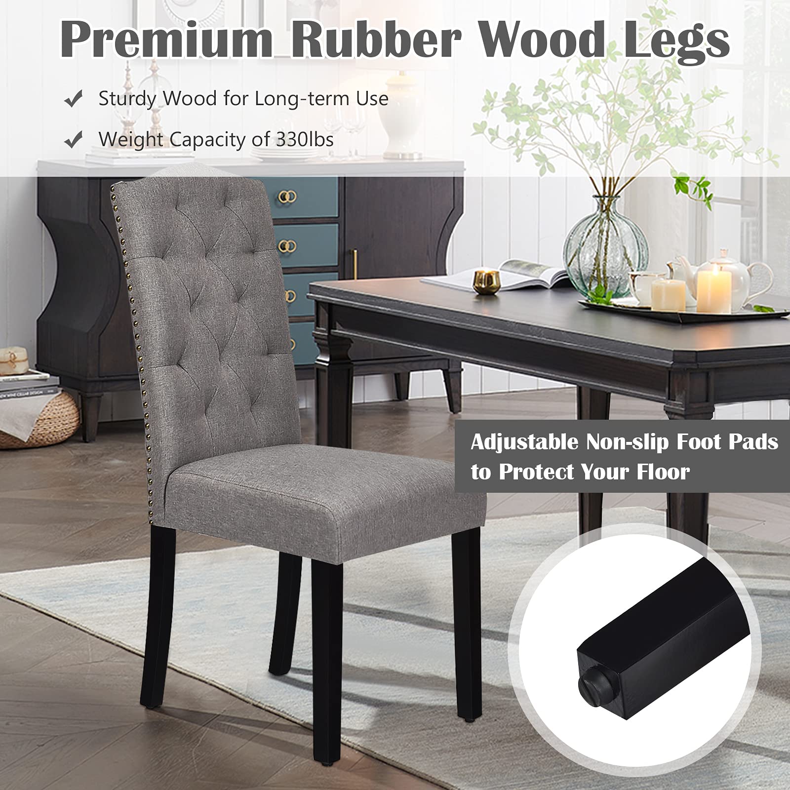 S AFSTAR 2-Piece Fabric Dining Chair Set - Upholstered Accent Chairs with Solid Wood Legs & Tall Back, Tufted Parsons Design for Kitchen, Dining Room, Living Room - Comfortable & Stylish Seating (Grey)