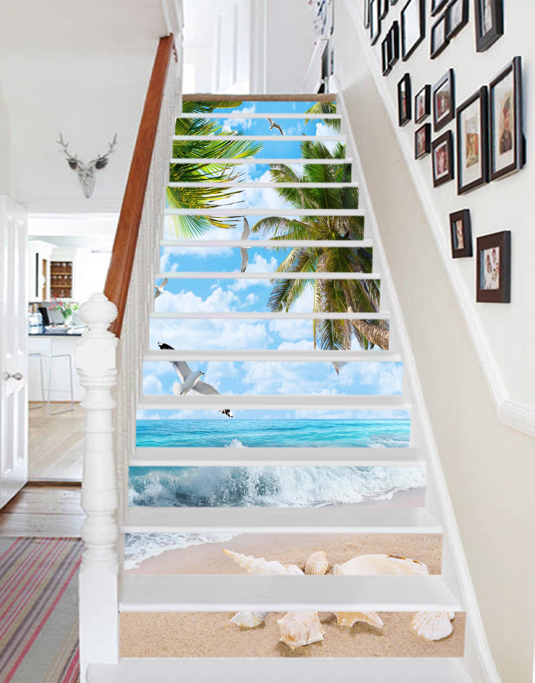 3D Beach Tree View Vinyl Wall Decal - 793 Stair Risers Decoration Photo Mural Wallpaper (13x18x94cm/7x37in) - Perfect for Home, Office & Staircase Decor