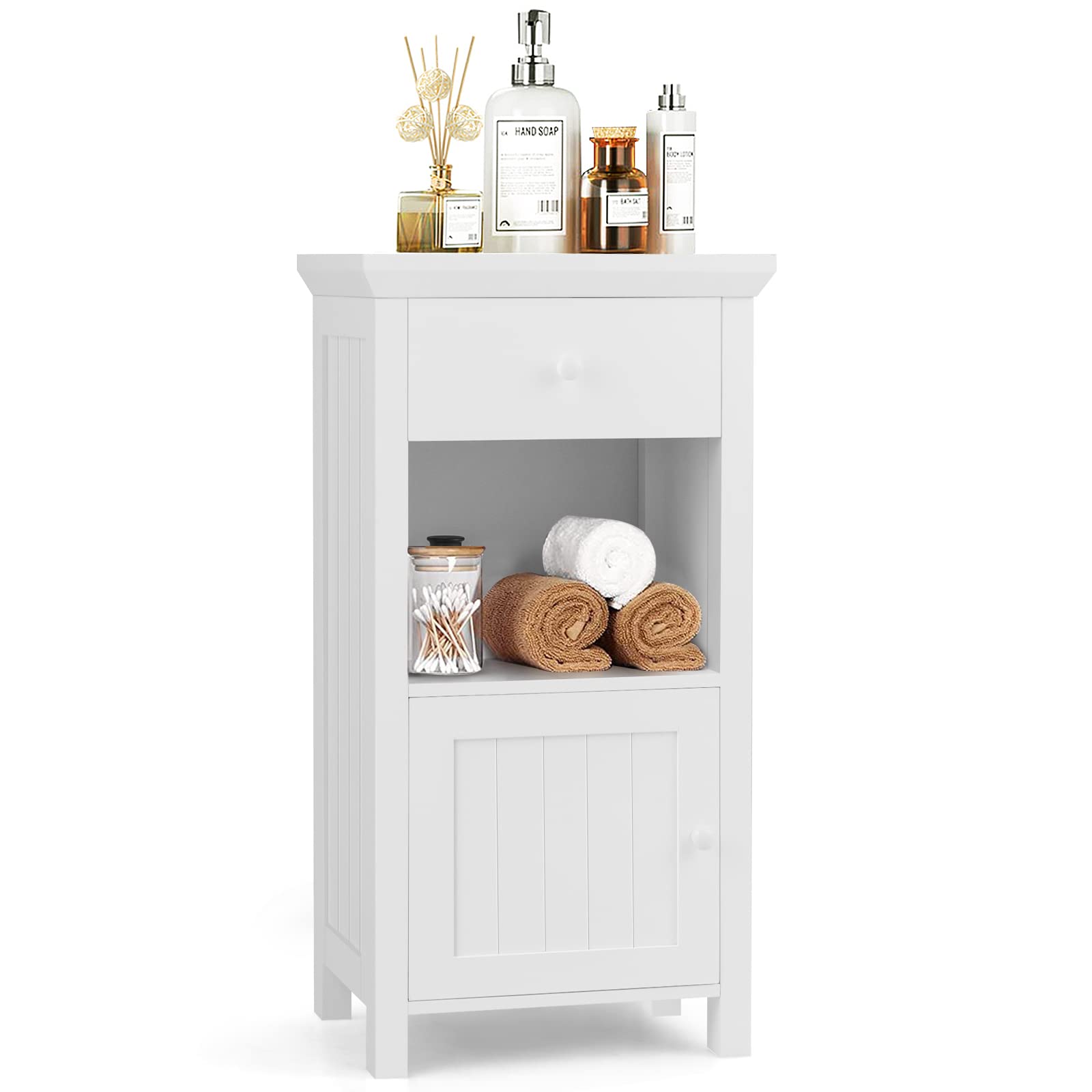 Safeplus White Bathroom Storage Cabinet with Drawer & Door - Compact Floor Organizer for Toiletries, Towels & Bath Essentials - Perfect for Small Bathrooms, Powder Rooms & Apartment Living
