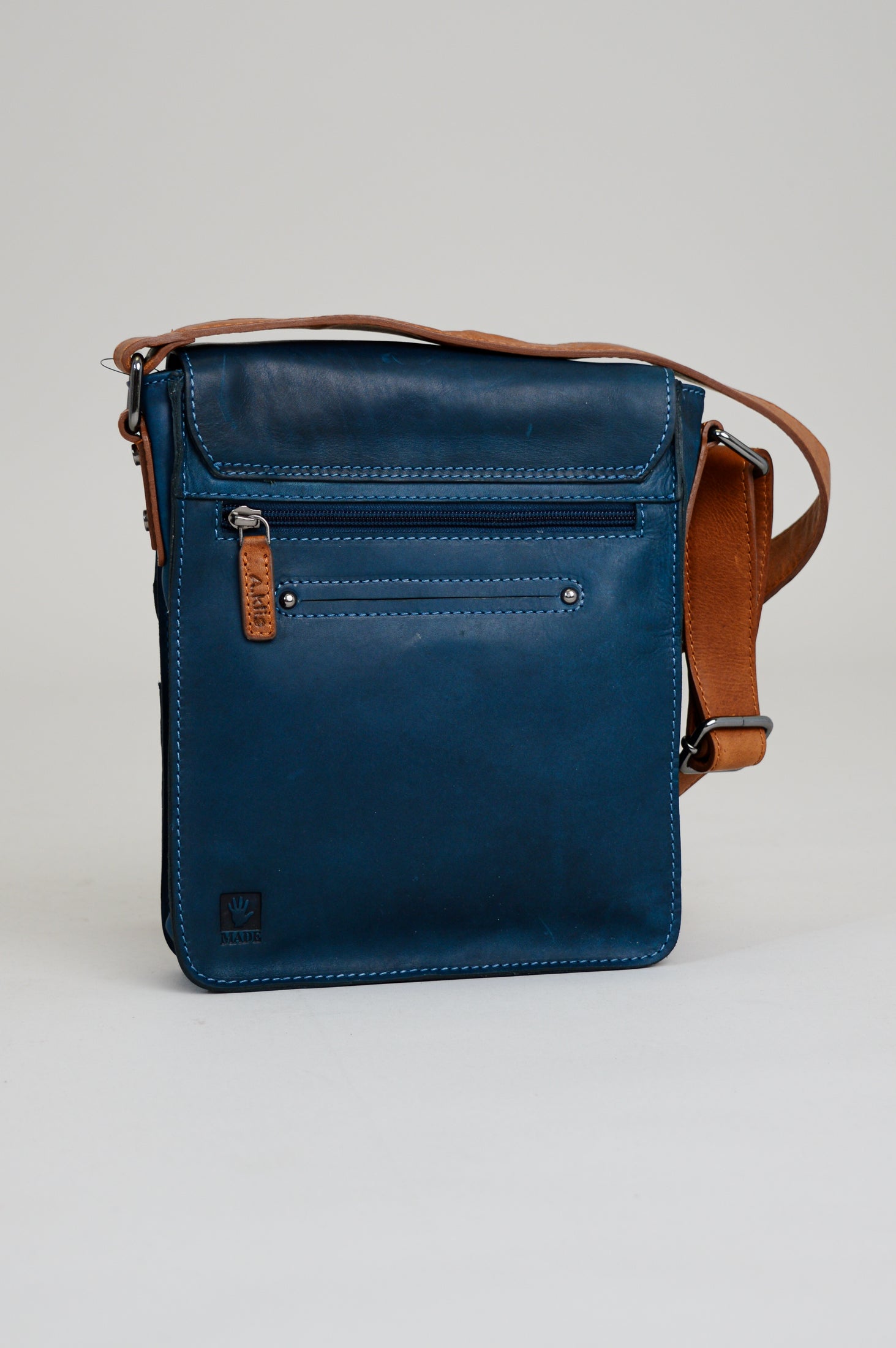 Premium Buffalo Leather Adrian Klis 1728 Bag in Blue & Tan - Stylish Durable Handbag for Women, Work, Travel & Everyday Use