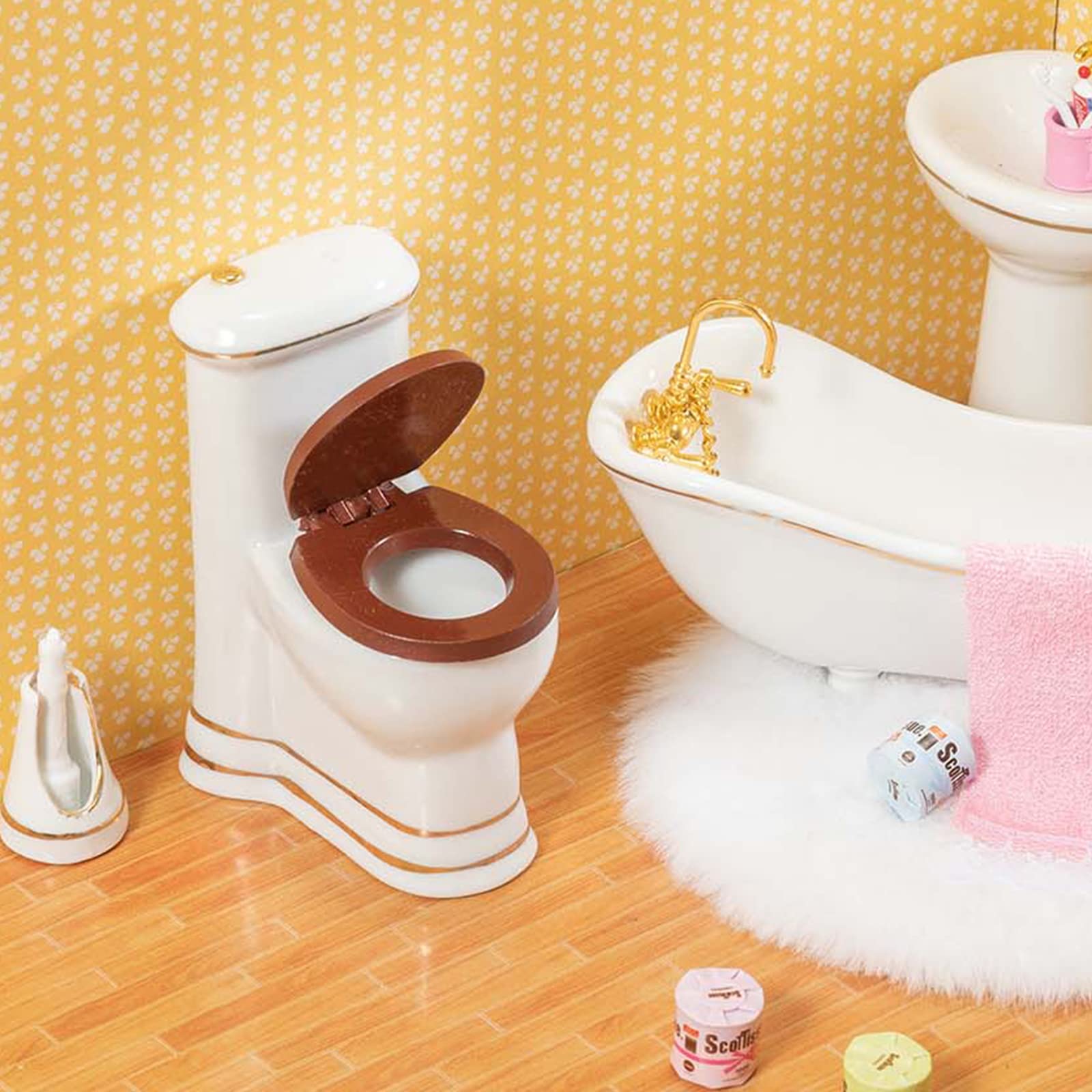 1:12 Scale SAMCAMI Ceramic Dollhouse Furniture Set - Miniature Bathroom Accessories with Toilet, Bathtub, Sink & Fluffy Rug | Perfect for Dollhouse Decor, Collectors & Kids Play