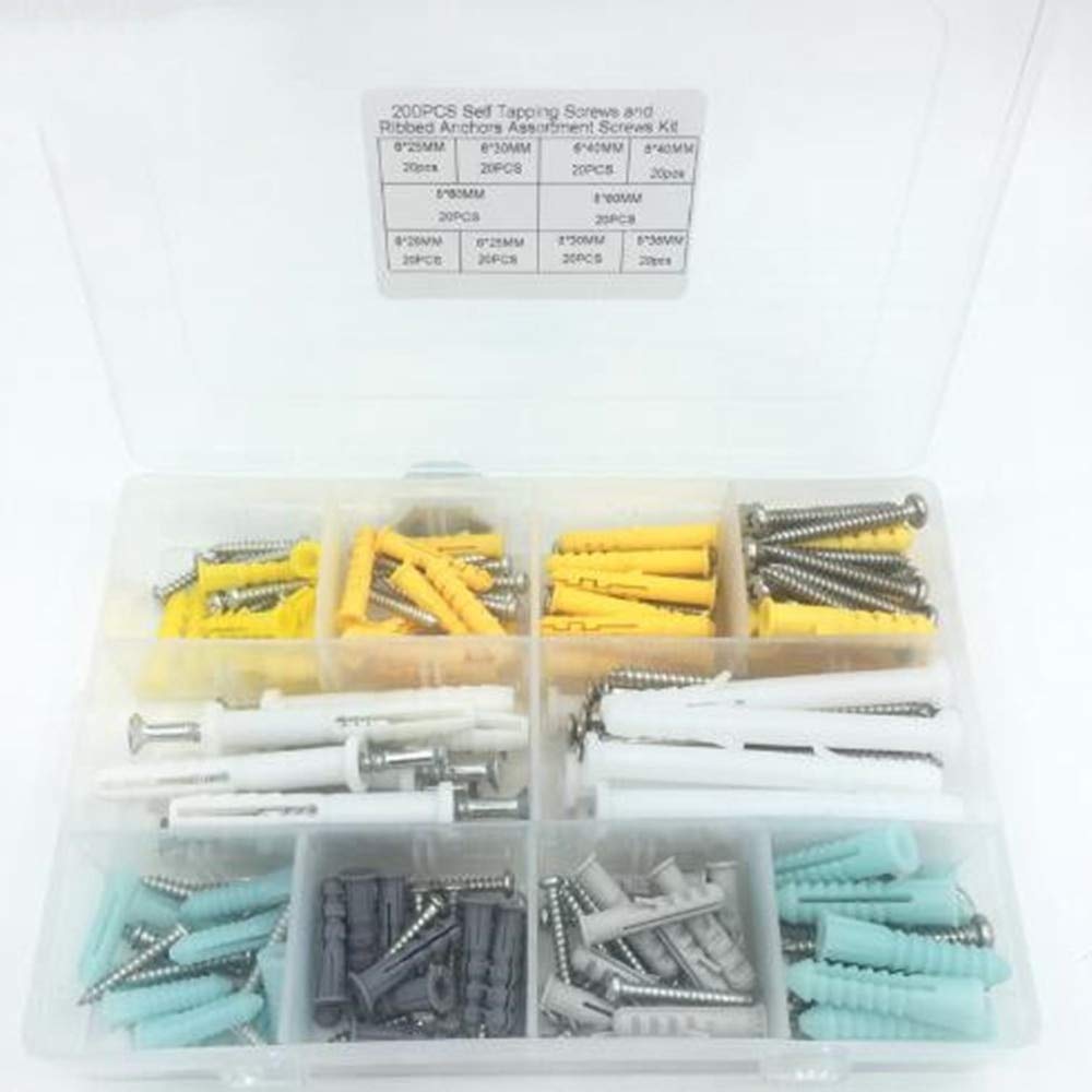 200pcs Wall Anchors & Tapping Screws Assortment Kit - Plastic/Rubber Rawl Plugs for DIY Home Improvement, Furniture Assembly, and Picture Hanging (LWW1063 SCRW-197299)