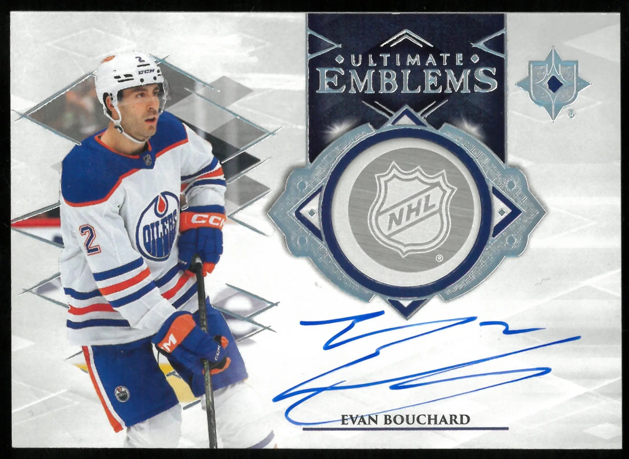 2023-24 Upper Deck Ultimate Hockey Evan Bouchard Ultimate Emblems Autograph Card - Collectible Sports Memorabilia for Hockey Fans & Card Collectors - Perfect for Display, Trading, and Investment
