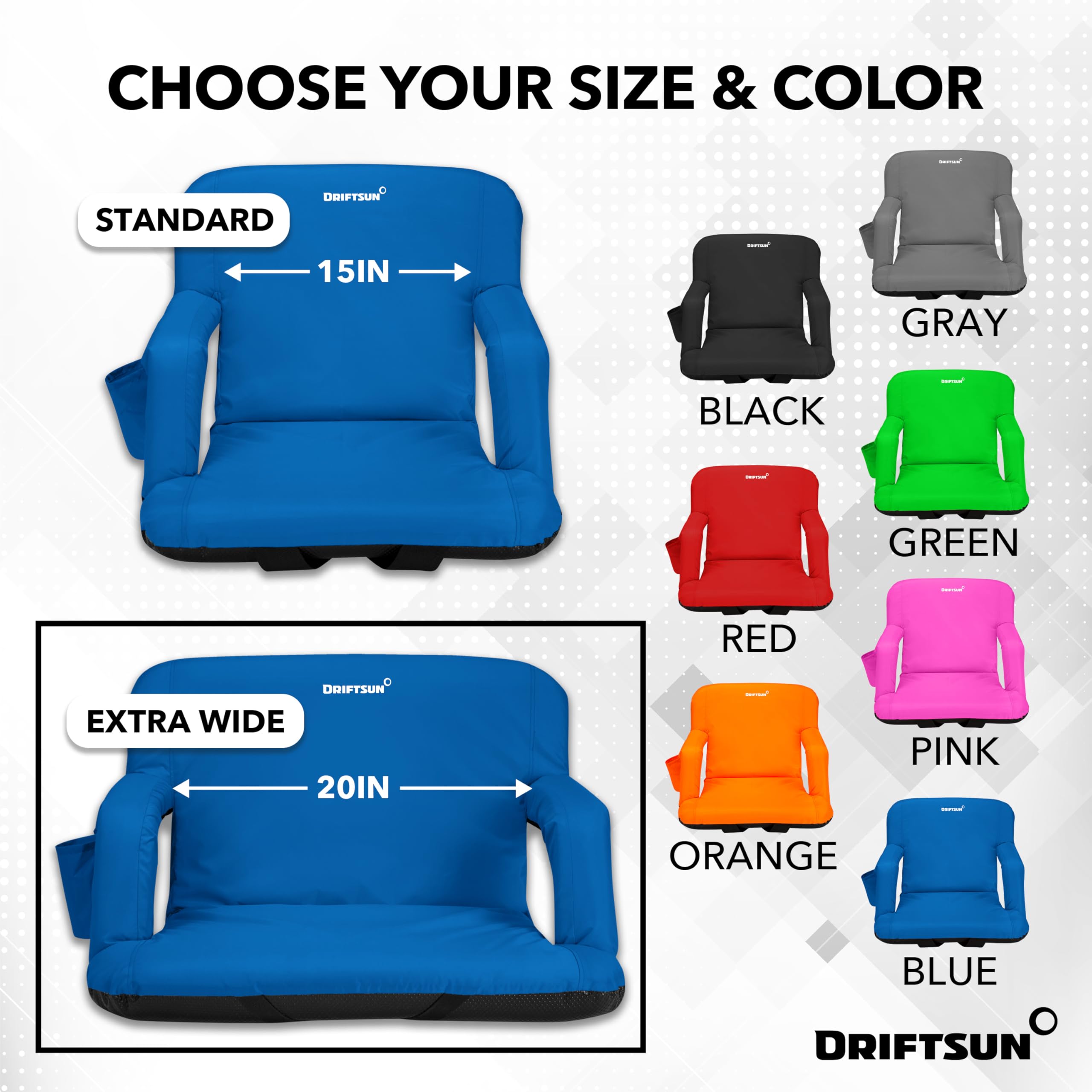 Driftsun 2 Pack Extra Wide Stadium Seats with Back Support - Foldable Bleacher Chairs for Outdoor Sports, Concerts & Events - Waterproof Portable Stadium Seating for Football, Baseball, Soccer Games & Picnics