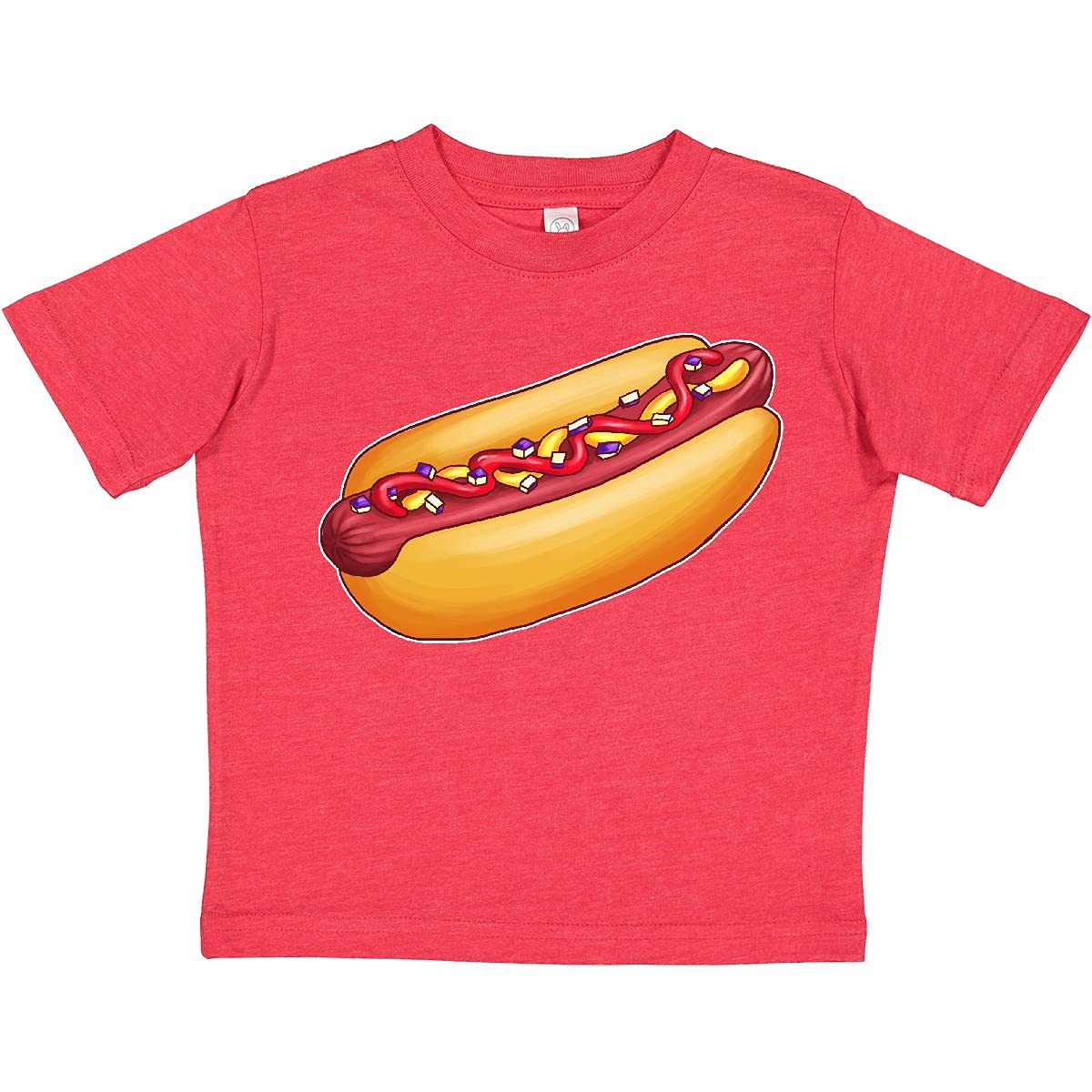 Inktastic Hot Dog Graphic Toddler T-Shirt with Mustard, Onions & Ketchup Print - Cute Foodie Outfit for Boys & Girls, Perfect for Picnics, BBQs & Family Outings