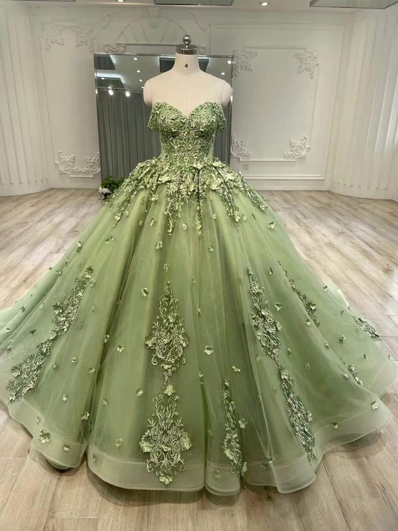 Elegant Off-The-Shoulder Green Quinceañera Dress for Sweet 15 Birthday Party | Long Ball Gown J3517 | Perfect for Quinceañeras, Formal Dances & Special Occasions