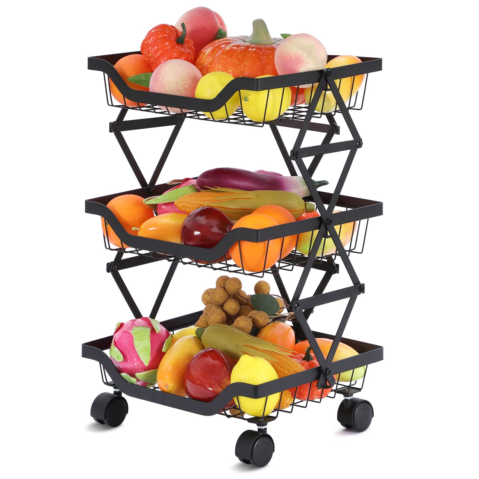3-Tier Fruit and Vegetable Storage Rack for Kitchen - Space Saving Organizer Basket with Durable Metal Frame (Black) - Perfect for Pantry, Refrigerator, and Countertop Organization